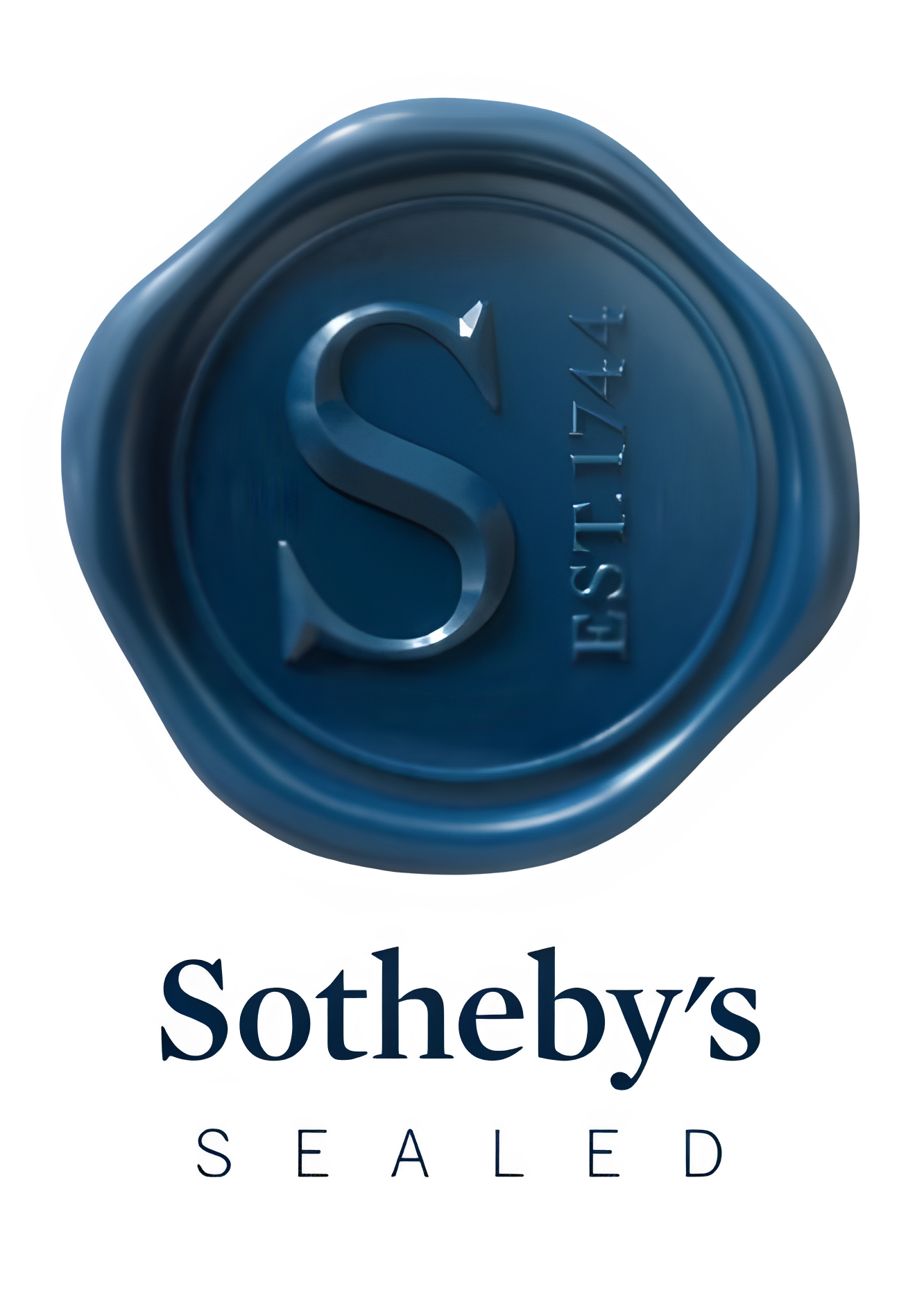 Blue circular Sotheby's seal with the word 'EST. 1744' and a large number 'S' against a black background with gold specks, and the words 'Sotheby's SALE' below.
