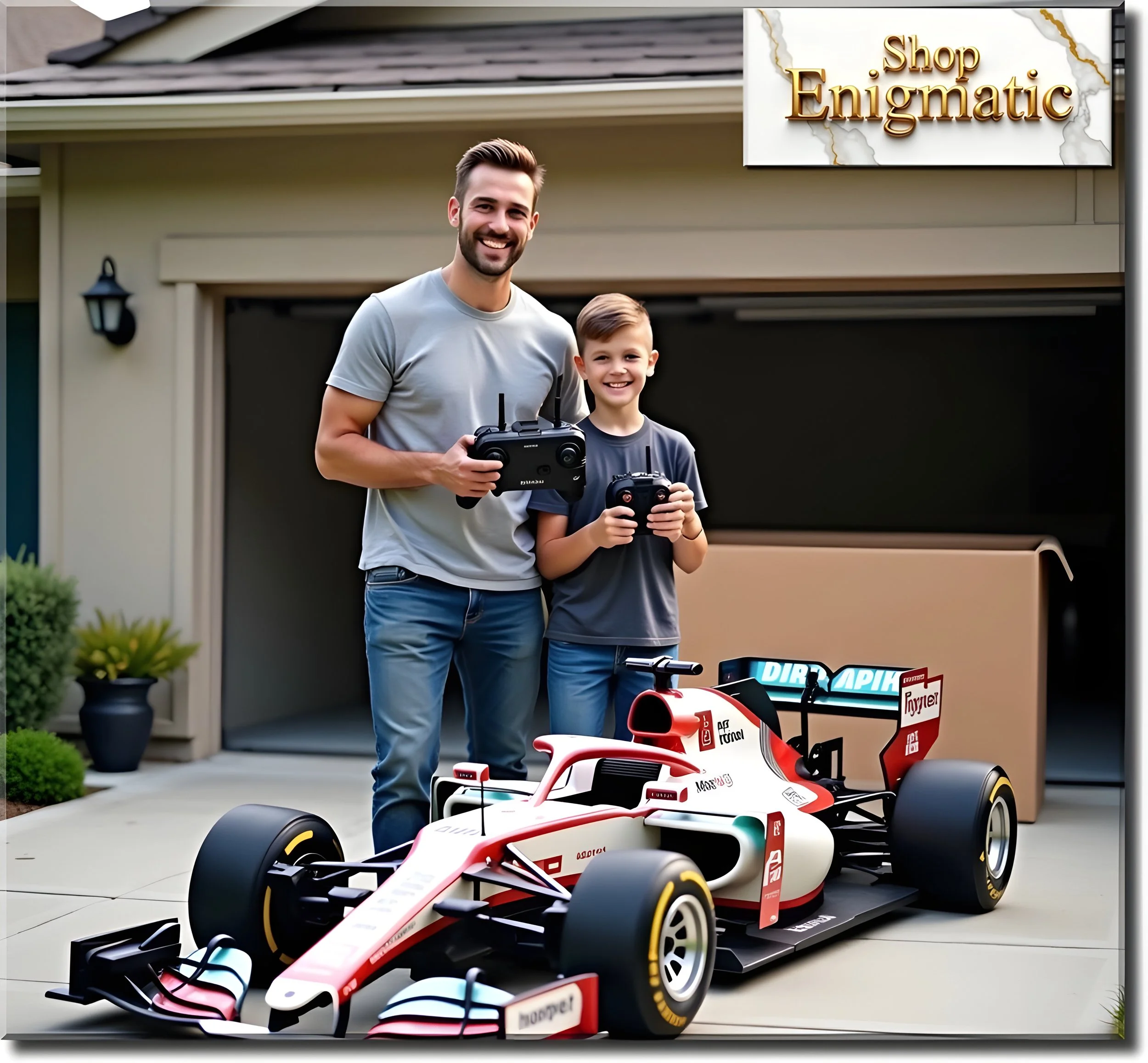 A man and boy standing outside in front of a garage, holding remote controls, next to a race car model. The garage has a sign that reads 'Shop Enigmatic'.