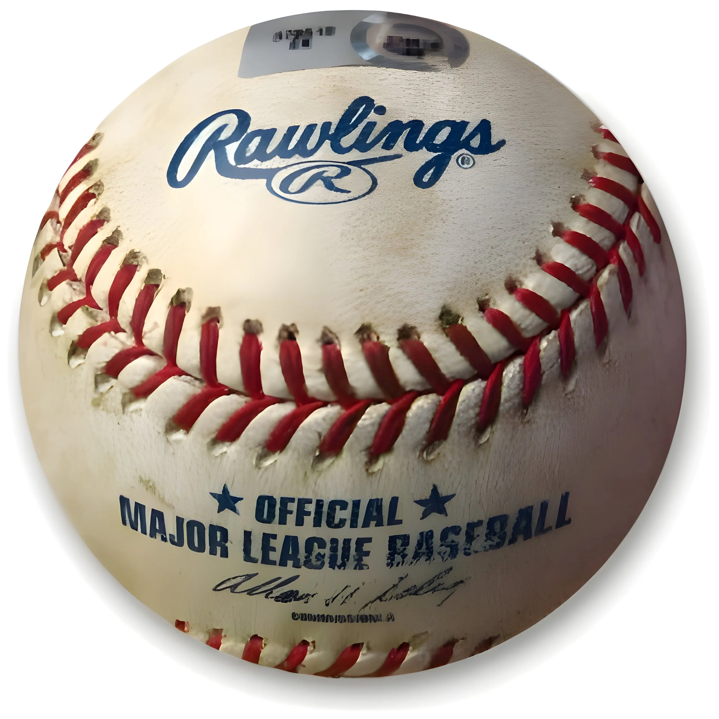 Official Rawlings Major League Baseball with red stitching and blue logos, showing signs of use.