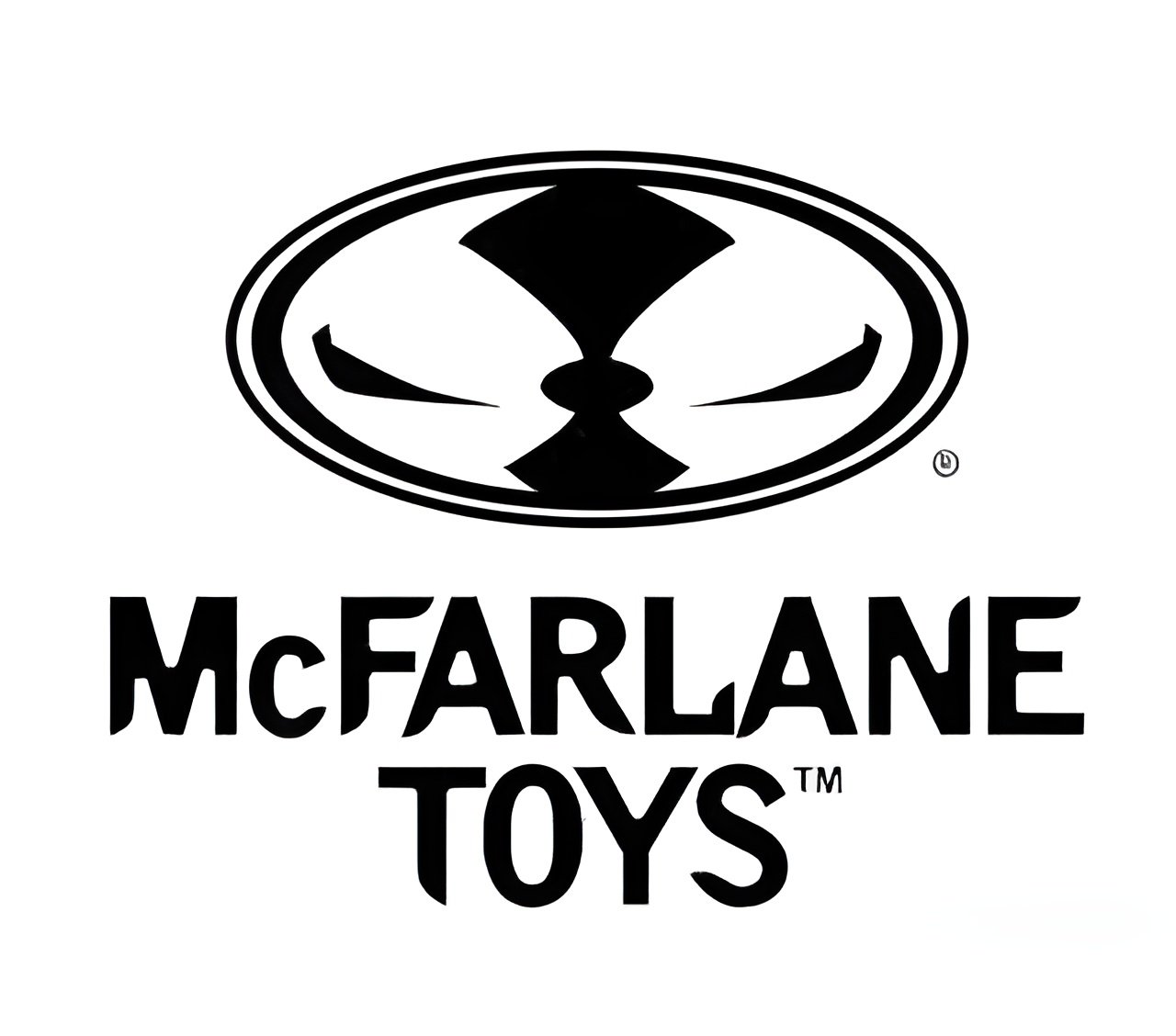 Black and white logo for McFarlane Toys featuring an abstract owl face above the company name.
