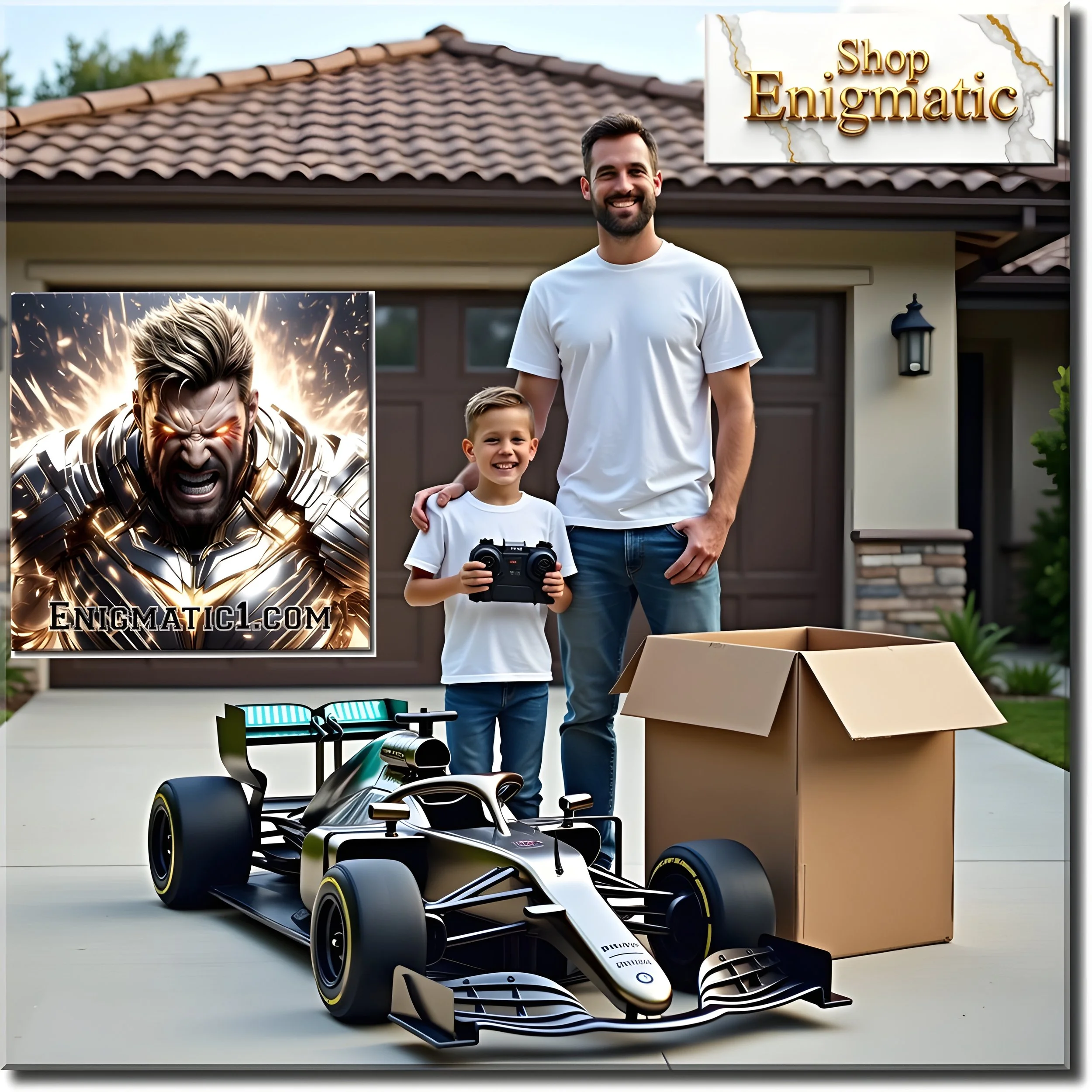 A smiling man and young boy stand outside in front of a house, with the boy holding a remote control. There is a cardboard box and a model Formula 1 race car on the driveway. An advertisement for Shop Enigmatic and Enigmatic1.com features a fierce, armored warrior with glowing eyes in the background.