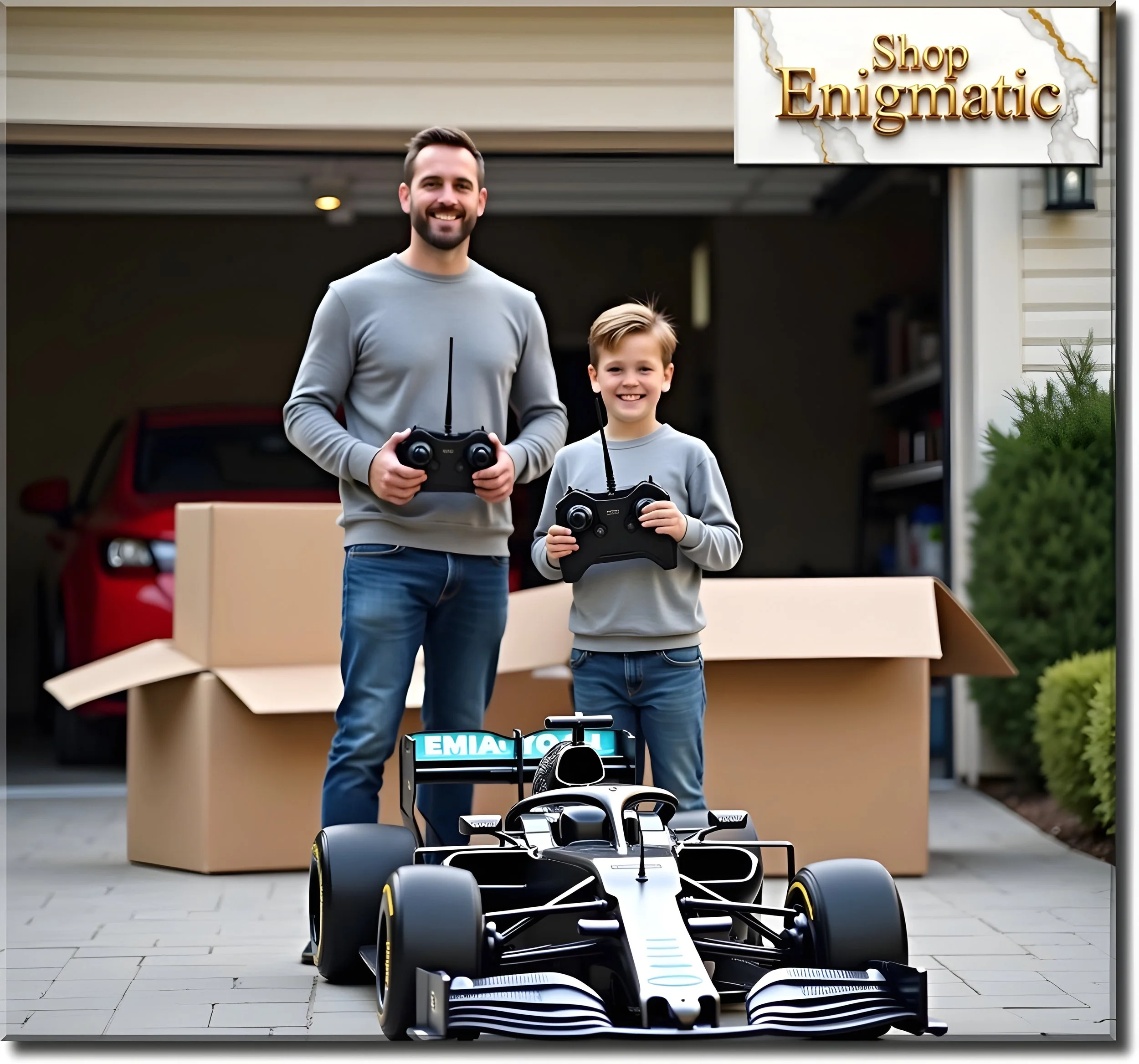 A smiling man and boy standing in front of a garage with a toy race car and remote controls, preparing to race. There's an open cardboard box and a red car in the background.