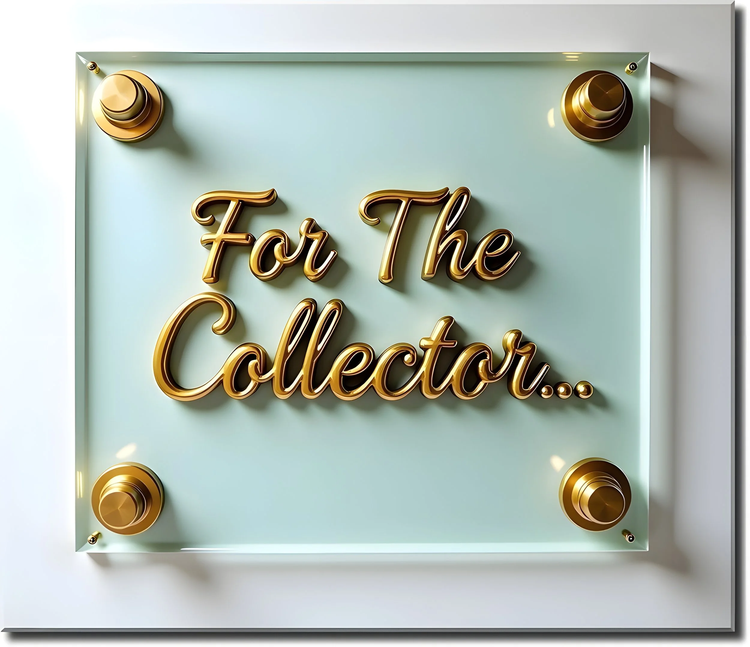 A decorative sign with the words "For The Collector..." in gold cursive letters, mounted on a light blue background with gold corner accents.