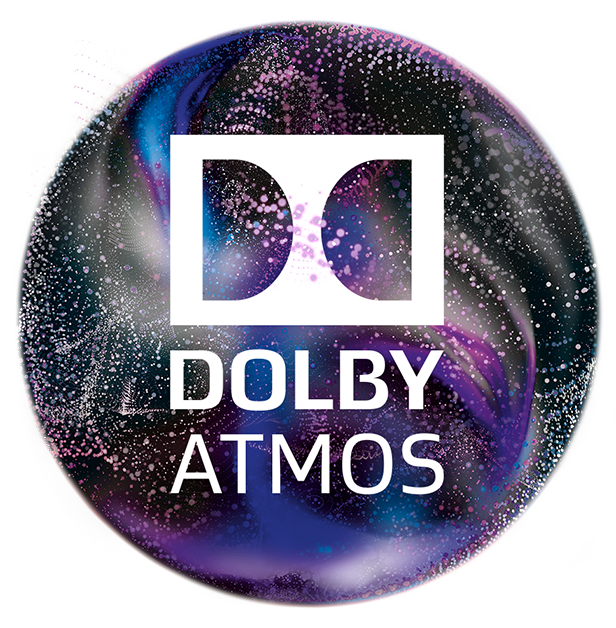 Dolby Atmos logo inside a spherical, galaxy-like background with purple, blue, and black swirling colors and white specks.
