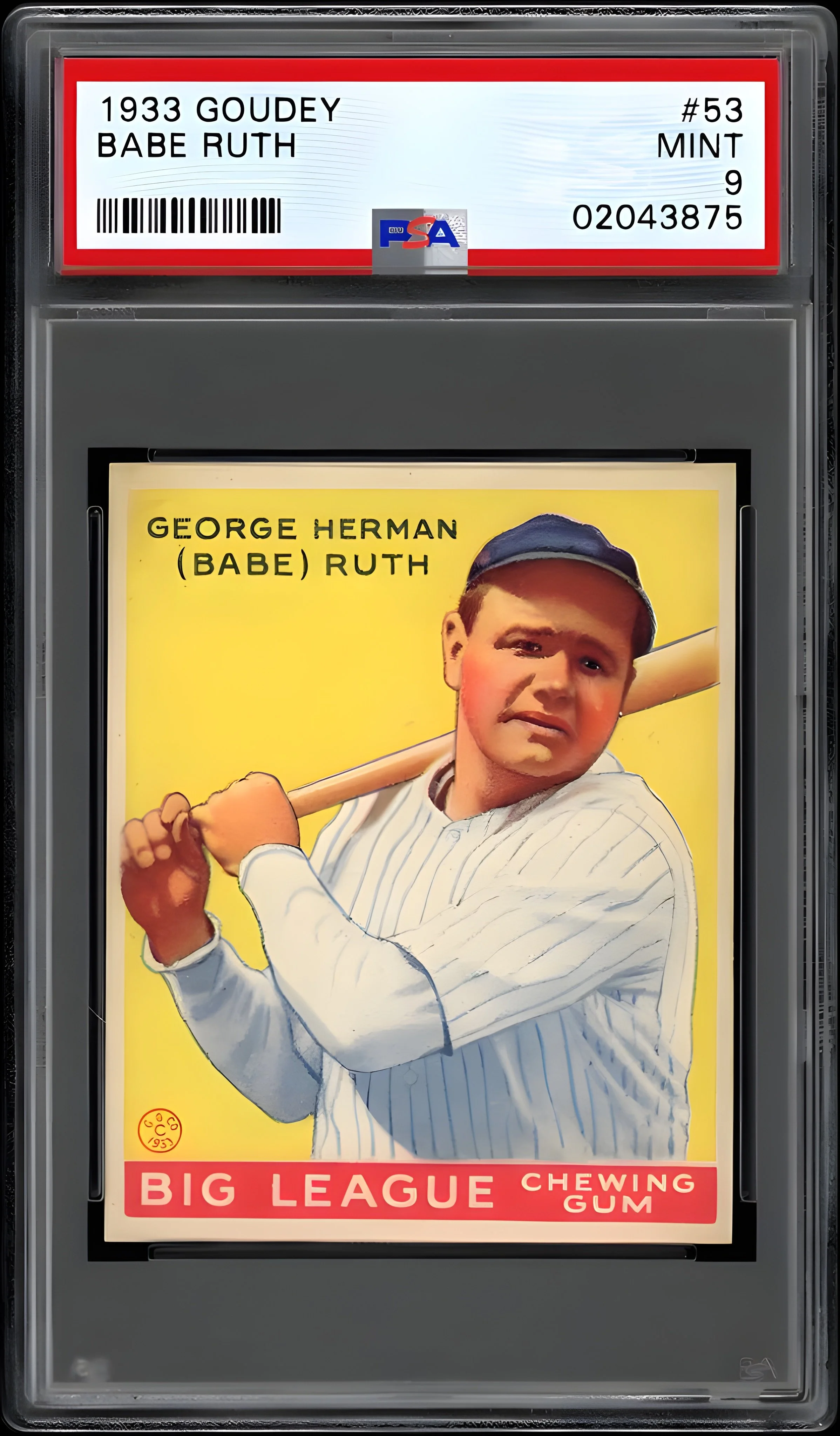 Vintage baseball card of Babe Ruth, the famous baseball player, holding a bat over his shoulder, with a yellow background and the details of the card top and bottom.