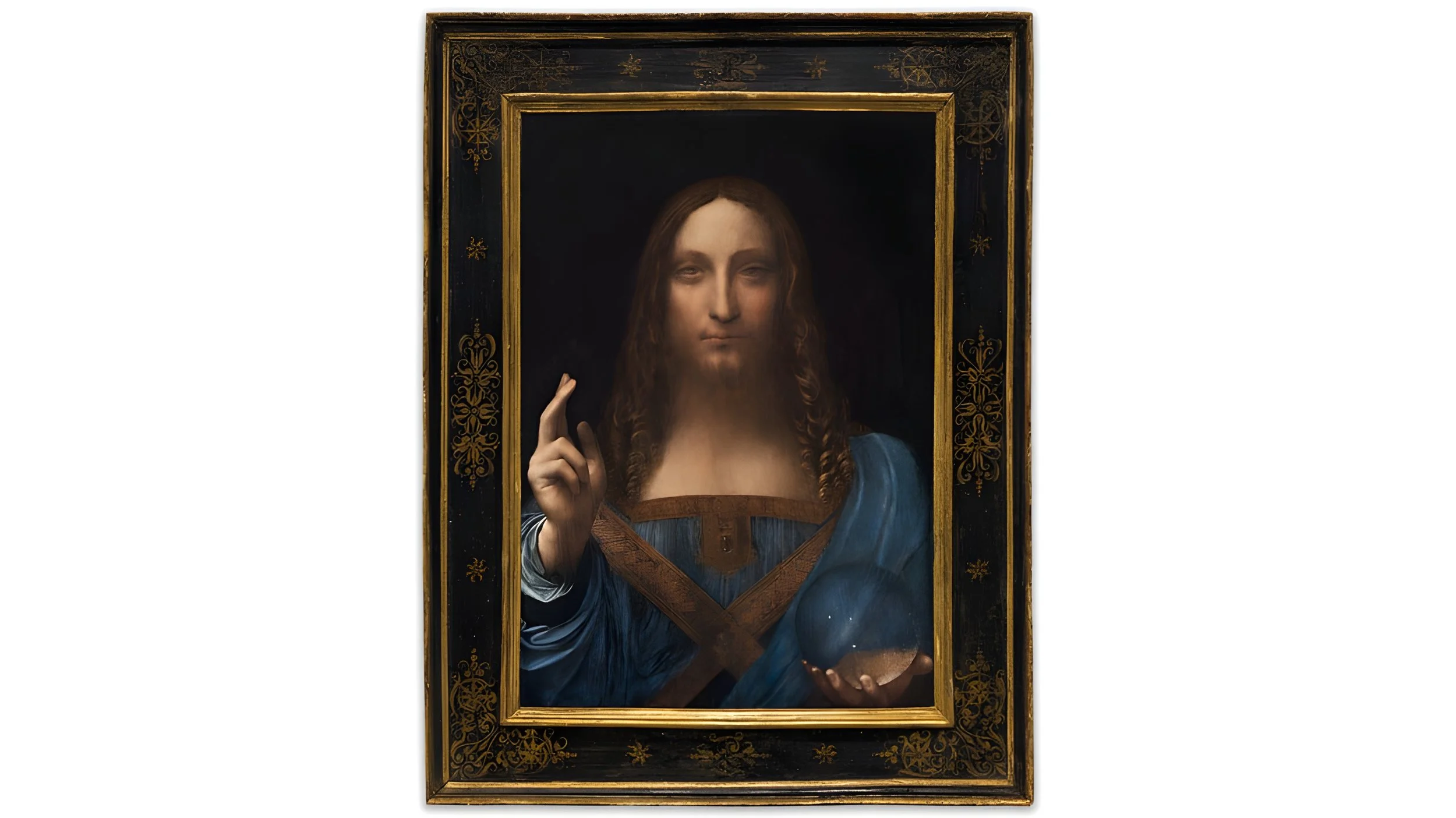 Painting of Jesus Christ with hand raised in blessing, holding a crystal sphere in the other hand, with a dark background and ornate gold and black frame.