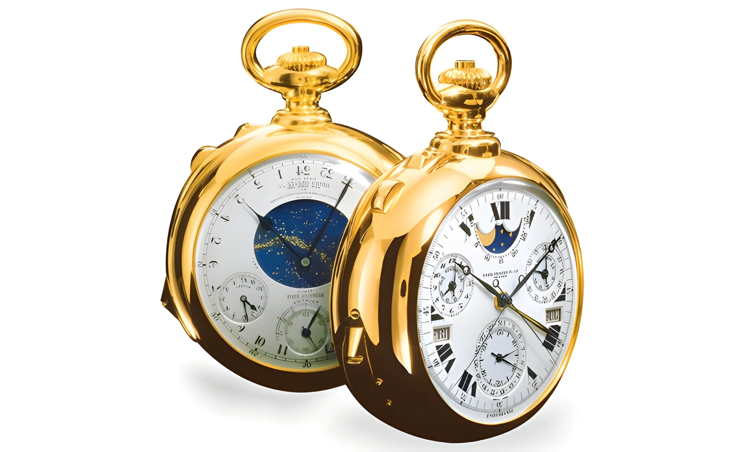 Two gold pocket watches with white dials, one showing the moon and stars, the other showing multiple subdials and date, positioned facing each other against a white background.