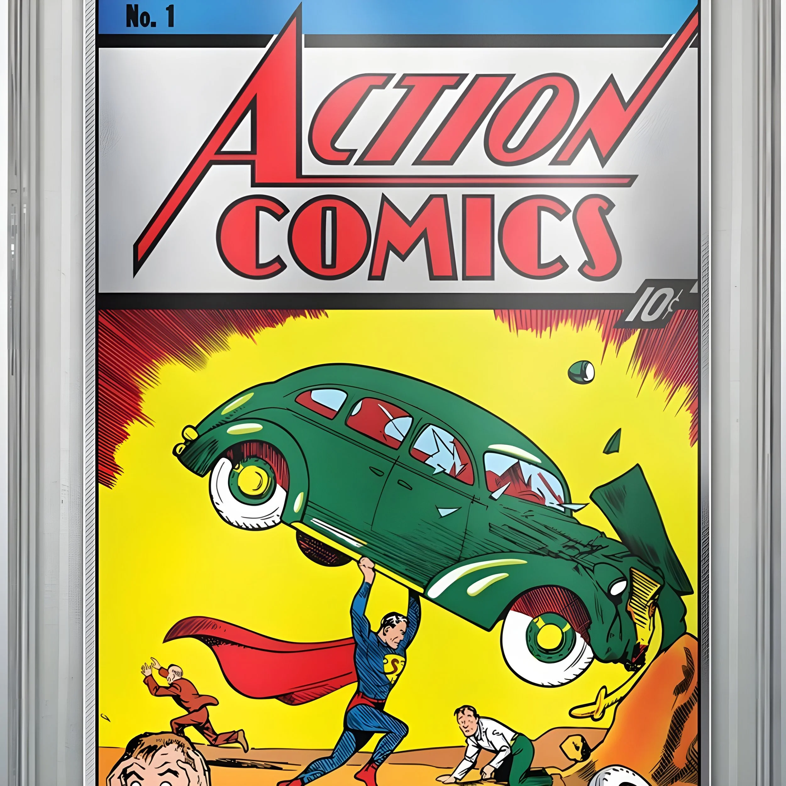 A vintage Action Comics comic book cover featuring a green car flying through the air, with a superhero lifting it above his head. The superhero has a red cape and is dressed in blue with a yellow emblem. Two other characters are below, one running a