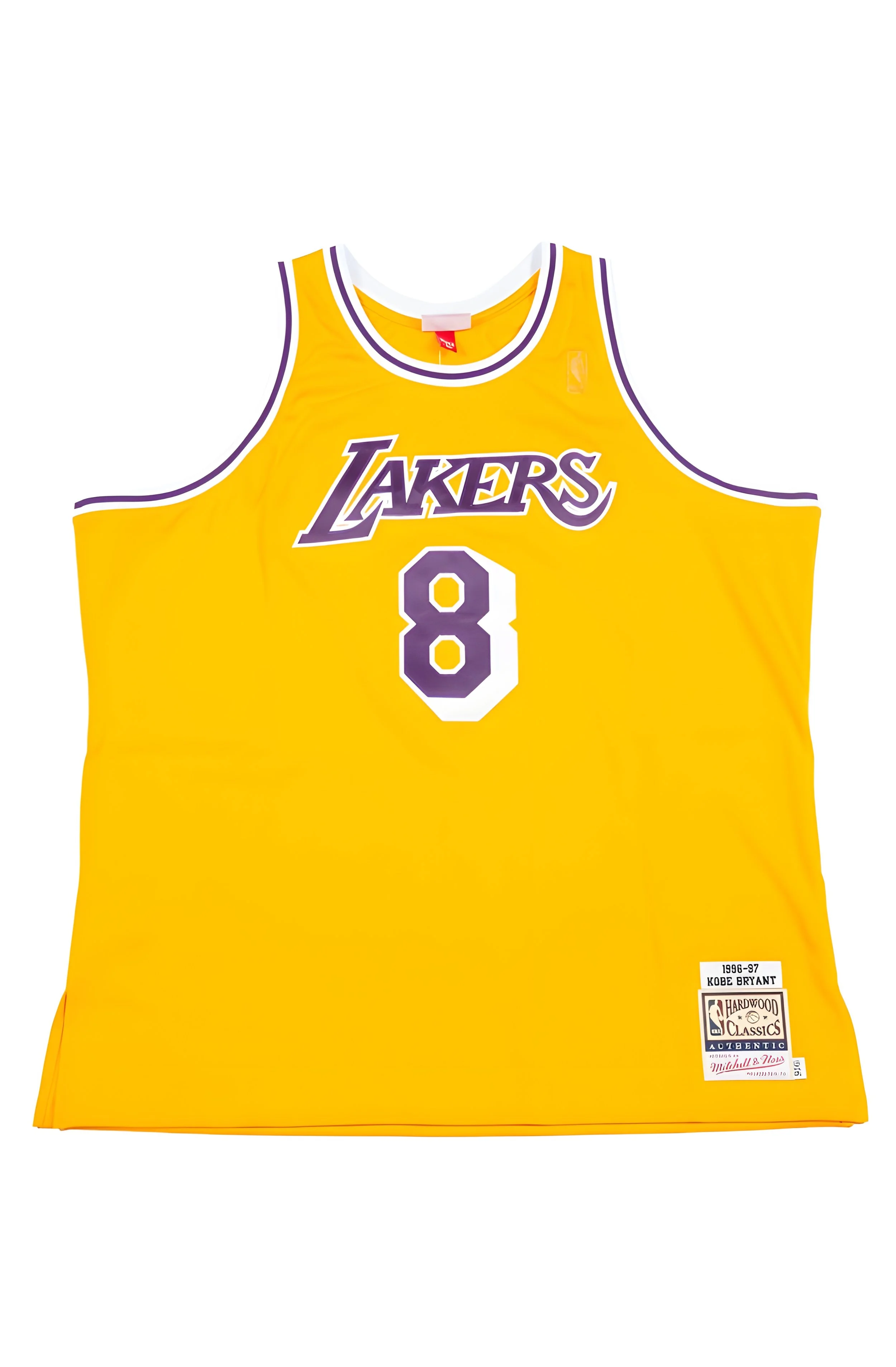 Yellow Los Angeles Lakers basketball jersey with the number 8 and Kobe Bryant's name on the back, laid flat on a white background.