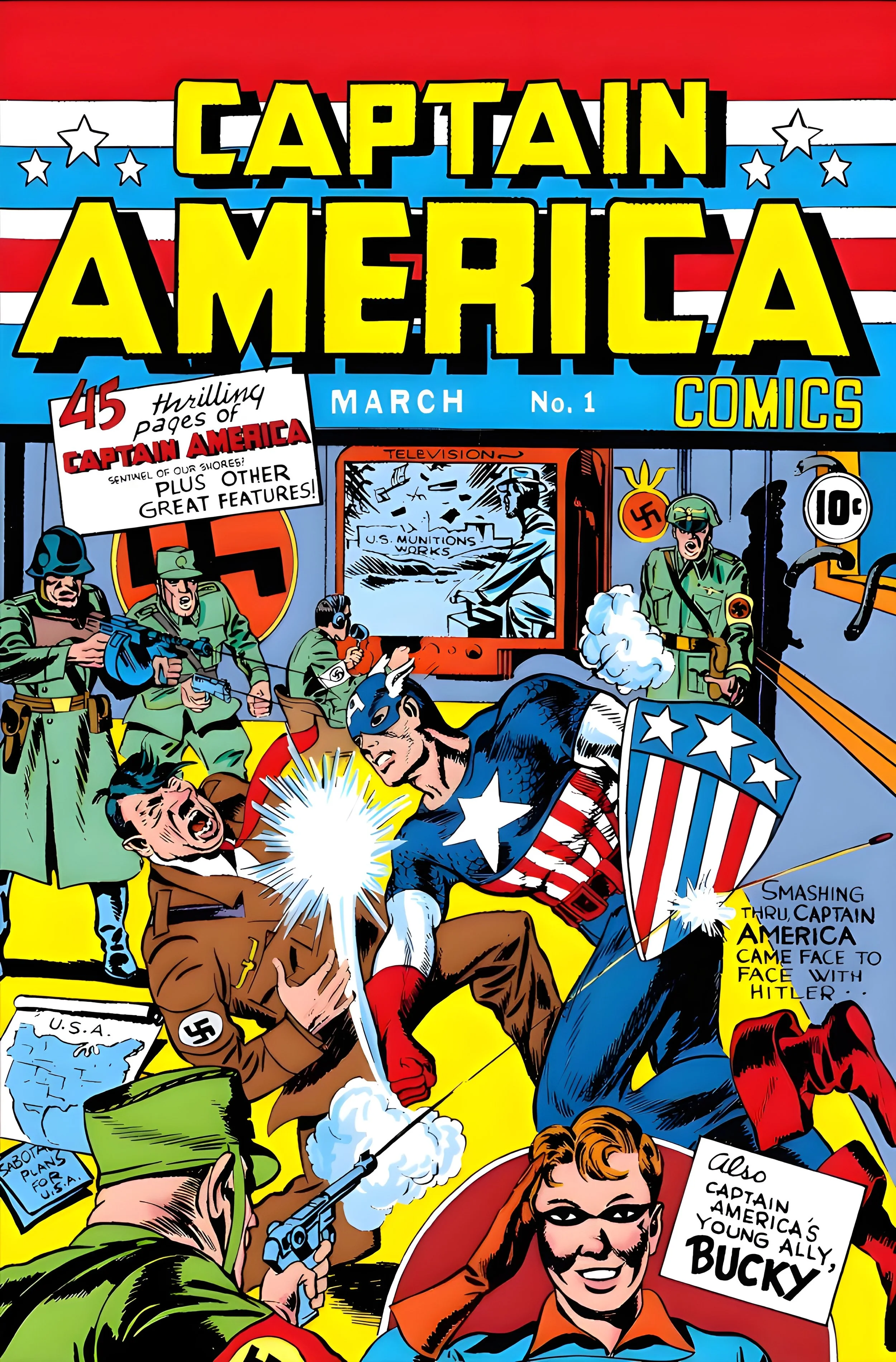 Comic book cover titled 'Captain America' depicting a battle scene with Captain America punching a Nazi soldier, surrounded by soldiers and a woman with red hair, set against a patriotic and WWII theme.