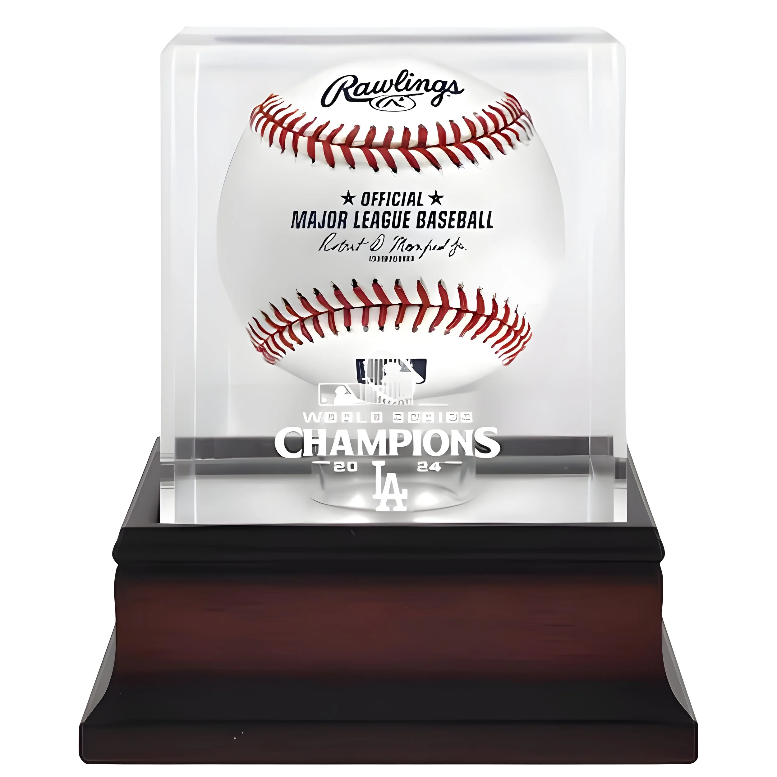 A baseball enclosed in a transparent case, with inscriptions celebrating the Los Angeles Dodgers as 2024 World Series champions.
