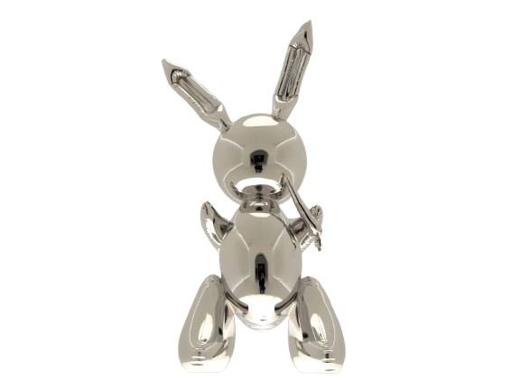 A shiny, metallic robot shaped like a bunny with long ears, a round body, and mechanical limbs.