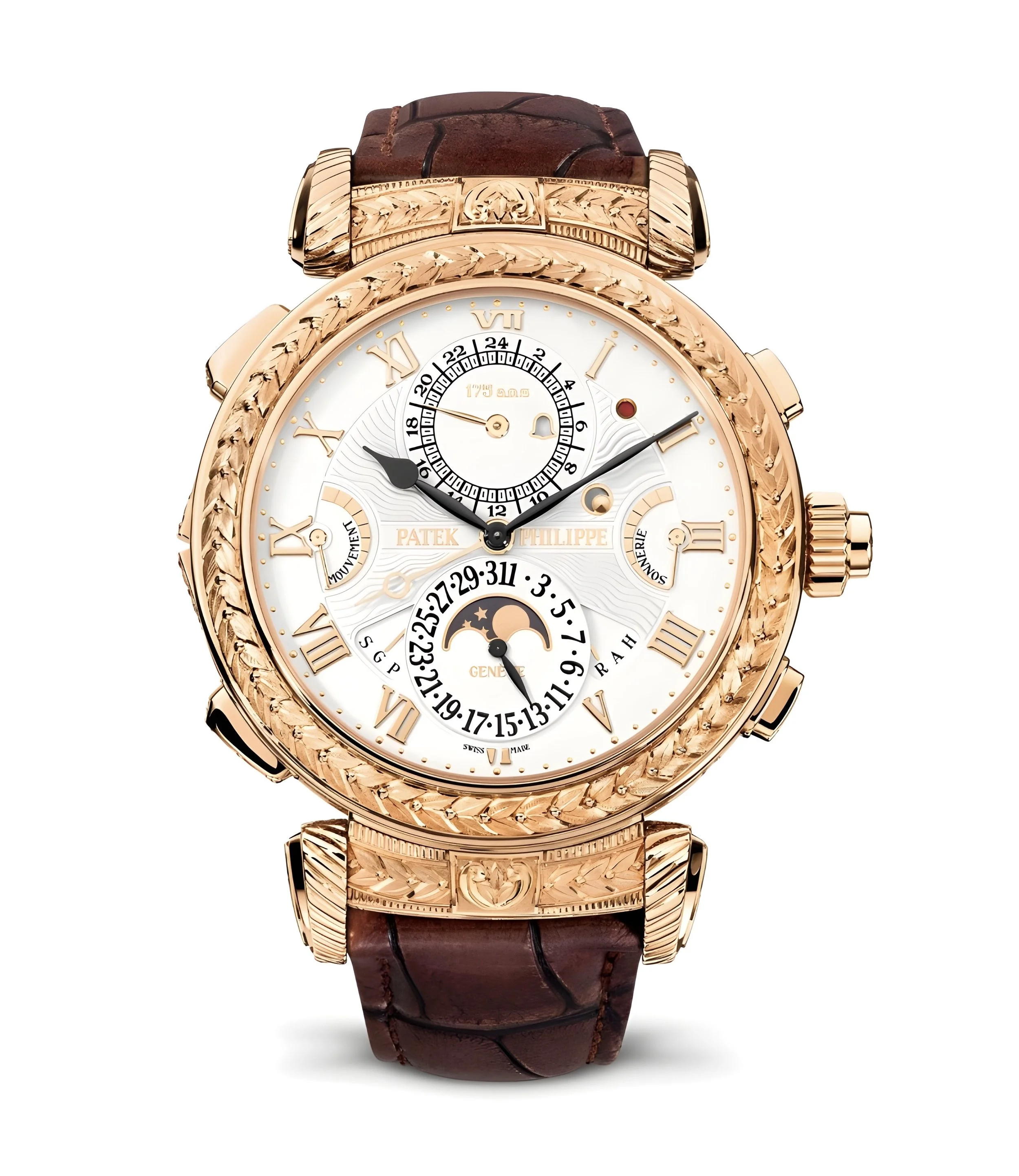 A luxury wristwatch with a gold case, white dial, Roman numerals, and multiple subdials, attached to a brown leather strap.