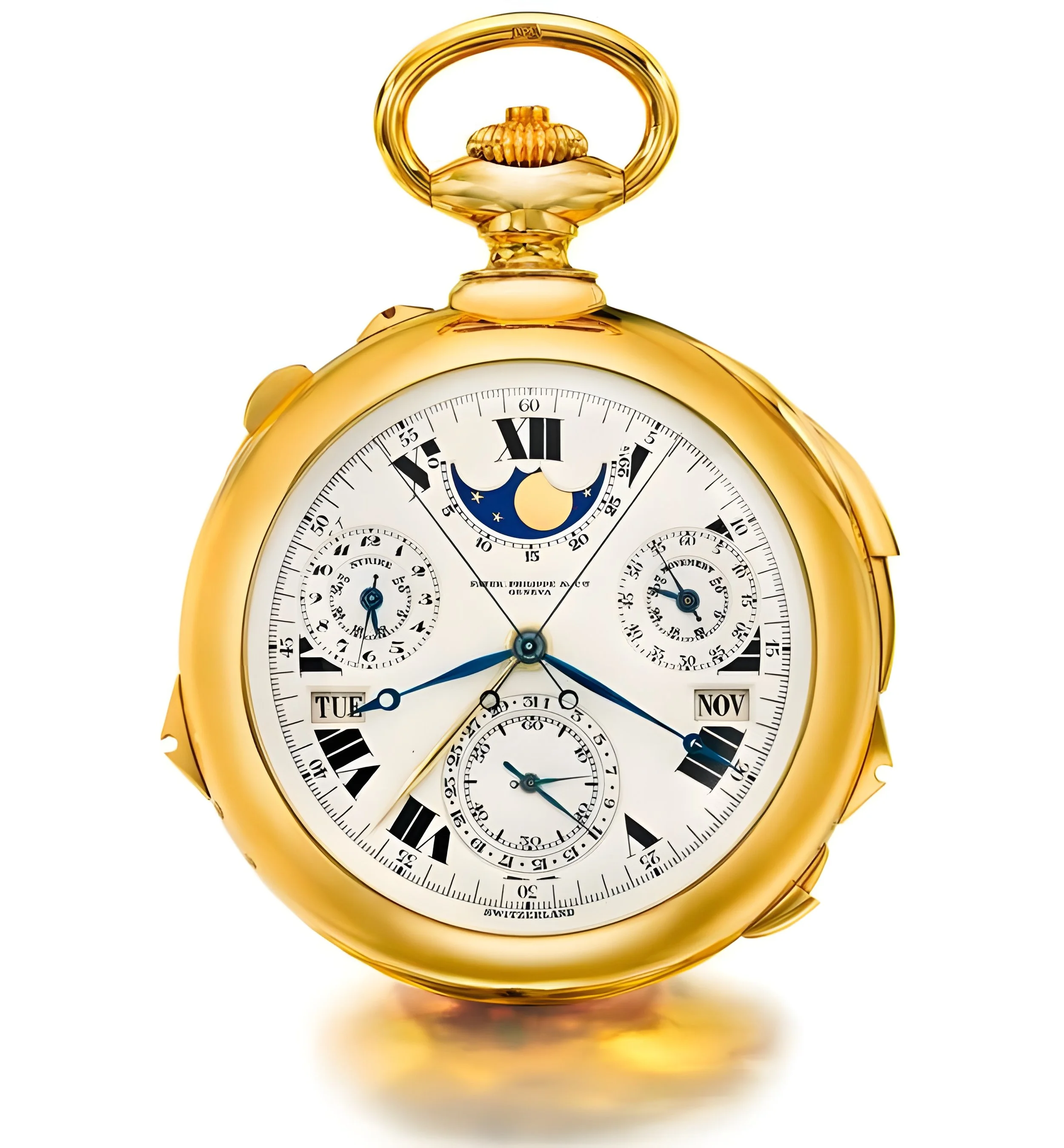 Gold pocket watch with multiple dials, Roman numerals, and a moon phase indicator