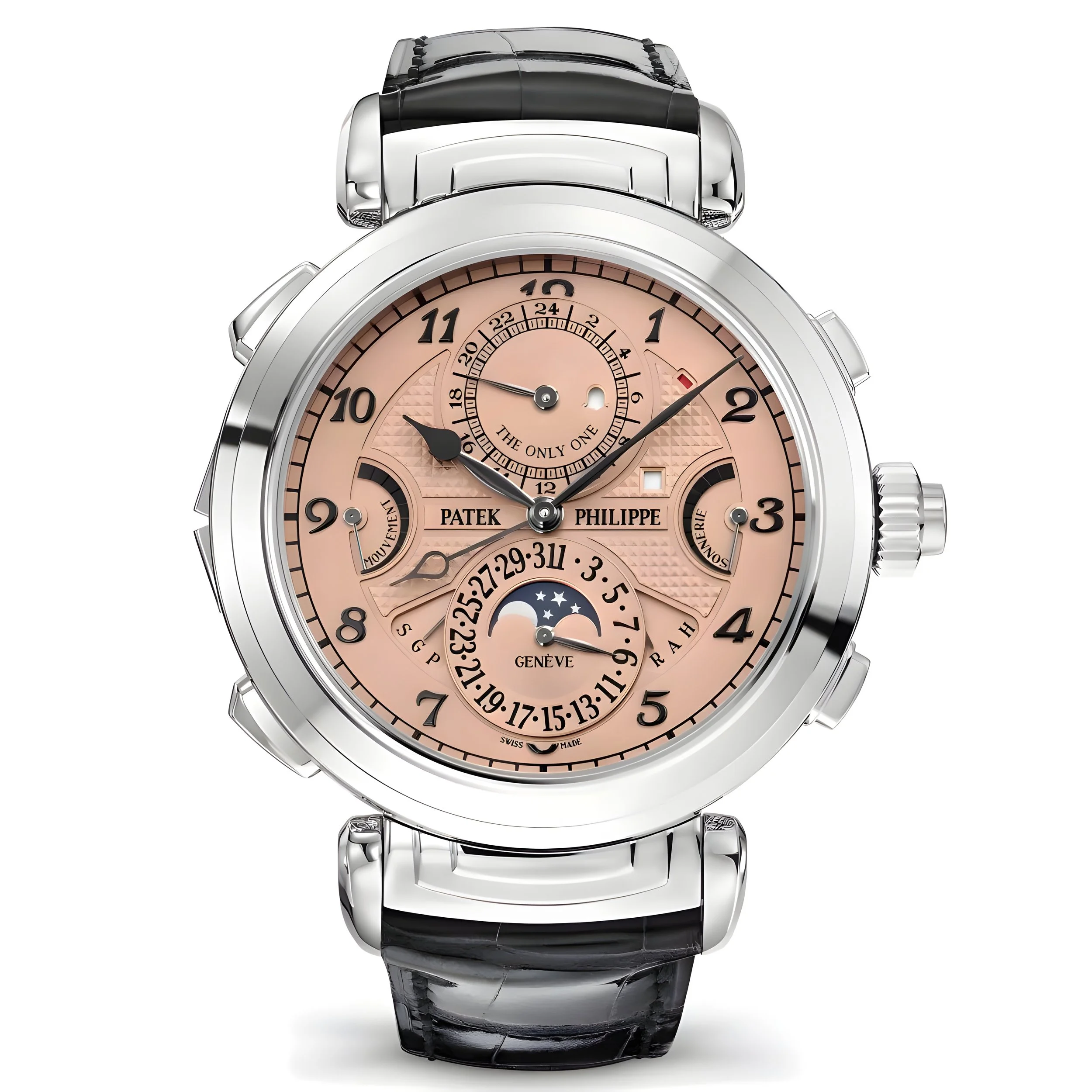 Luxury wristwatch with a pink dial, multiple sub-dials, and a black leather strap.