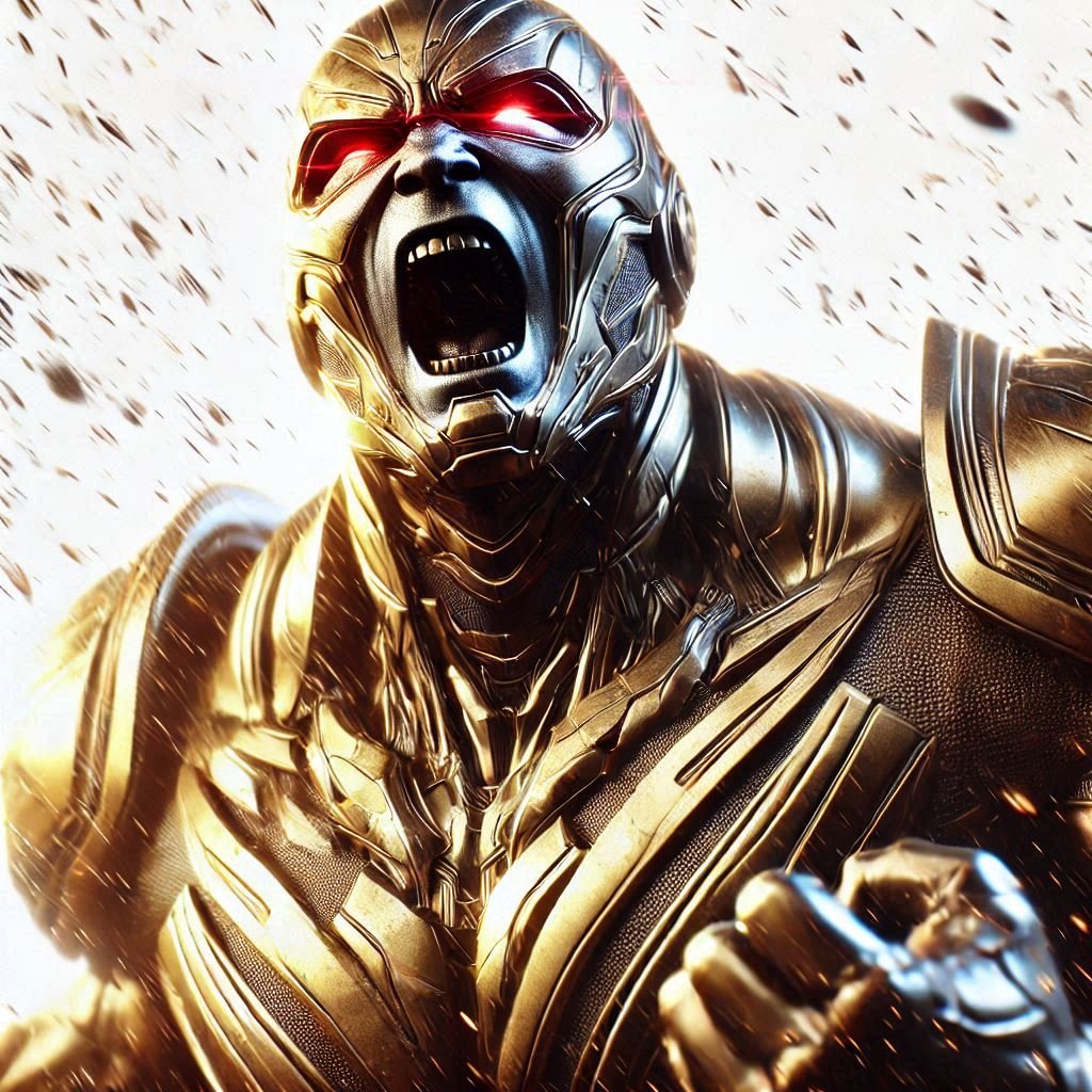 A futuristic, armored robot with a metallic face and glowing red eyes, yelling aggressively amidst sparks and debris.