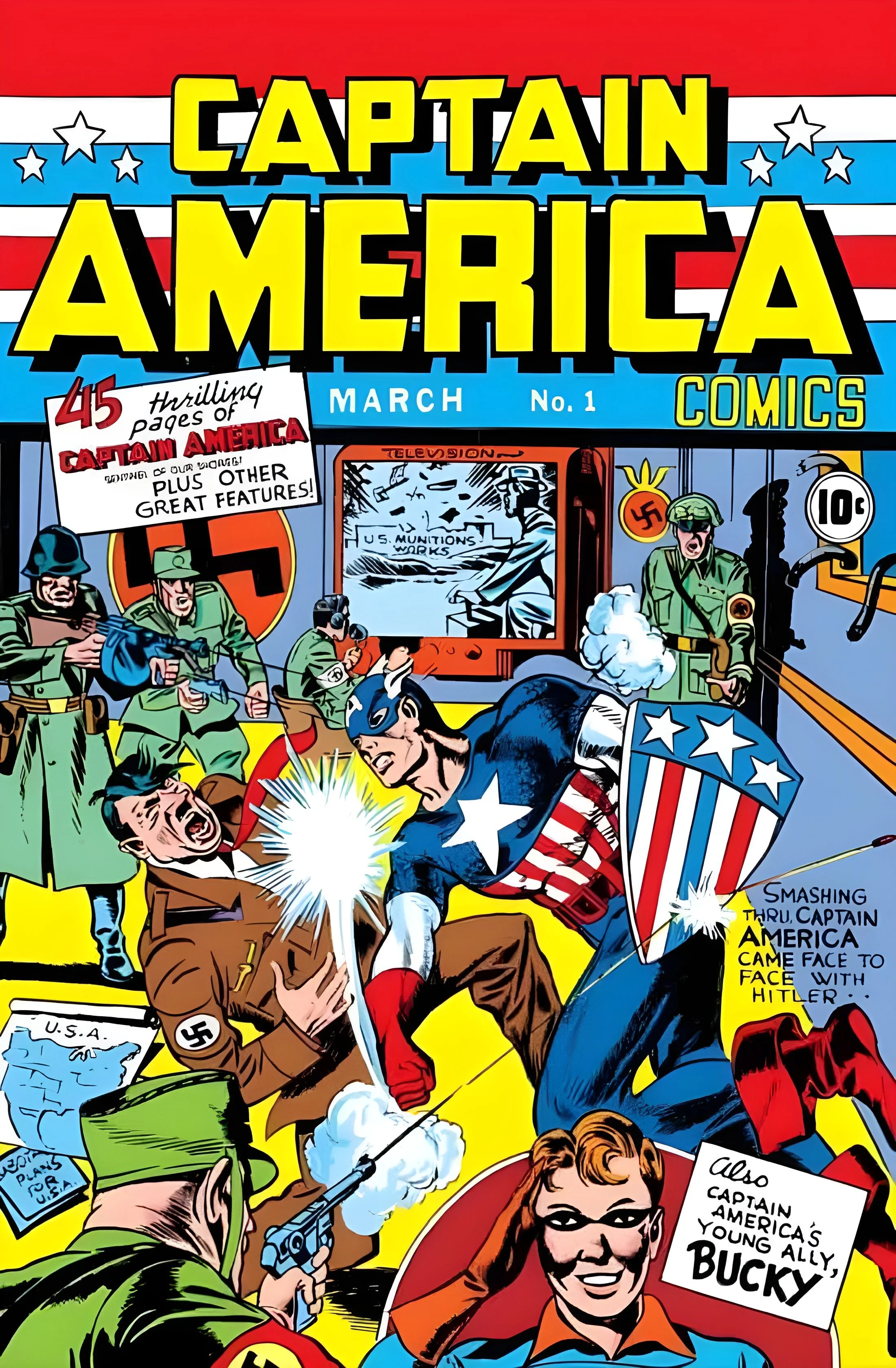 Cover of Captain America comic book, featuring Captain America fighting a Nazi soldier, with several soldiers and a television screen in the background. The comic is titled "Captain America" and is March issue number 1.
