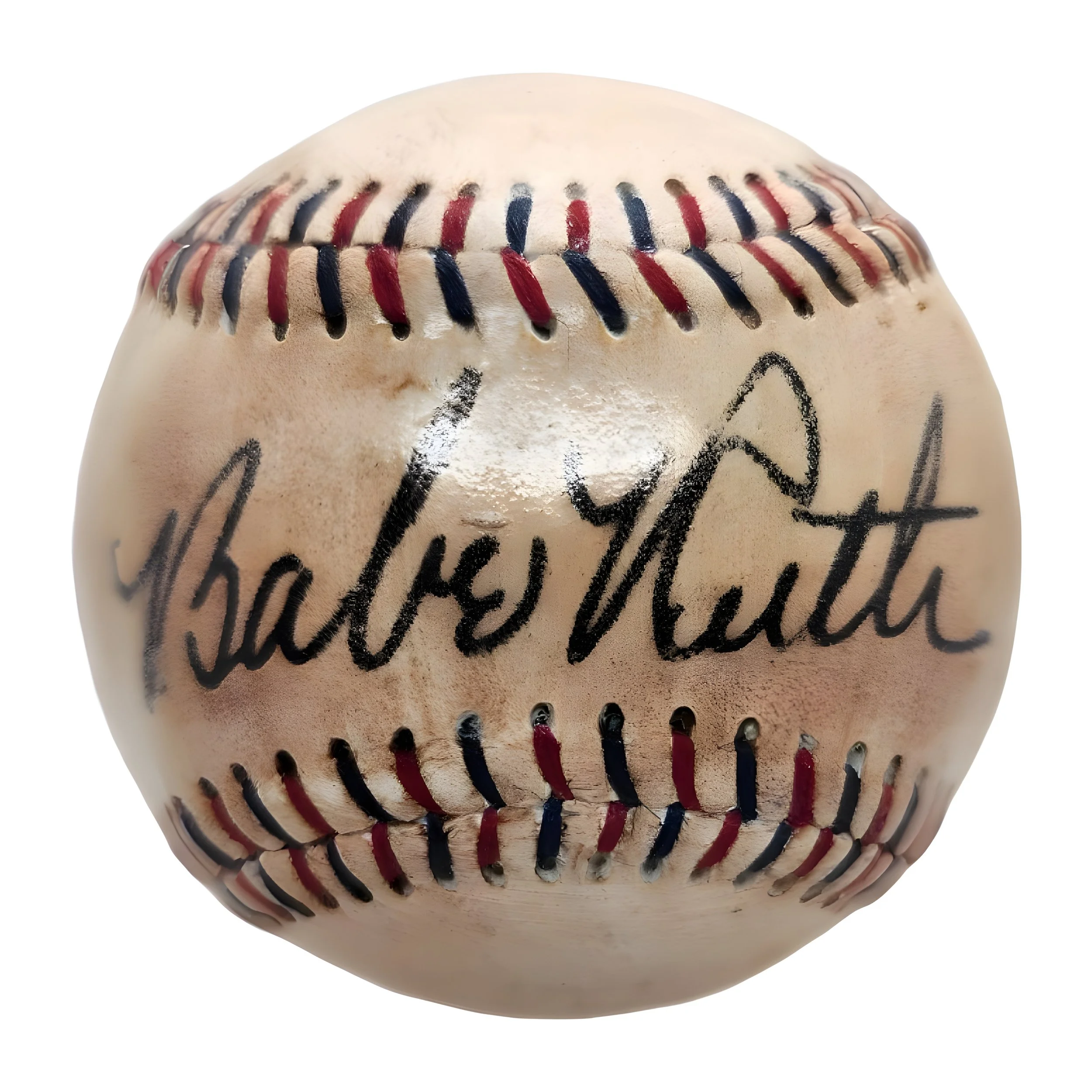 A vintage baseball with red, white, and blue stitching and the signature of Shohei Ohtani written in black ink across its surface.