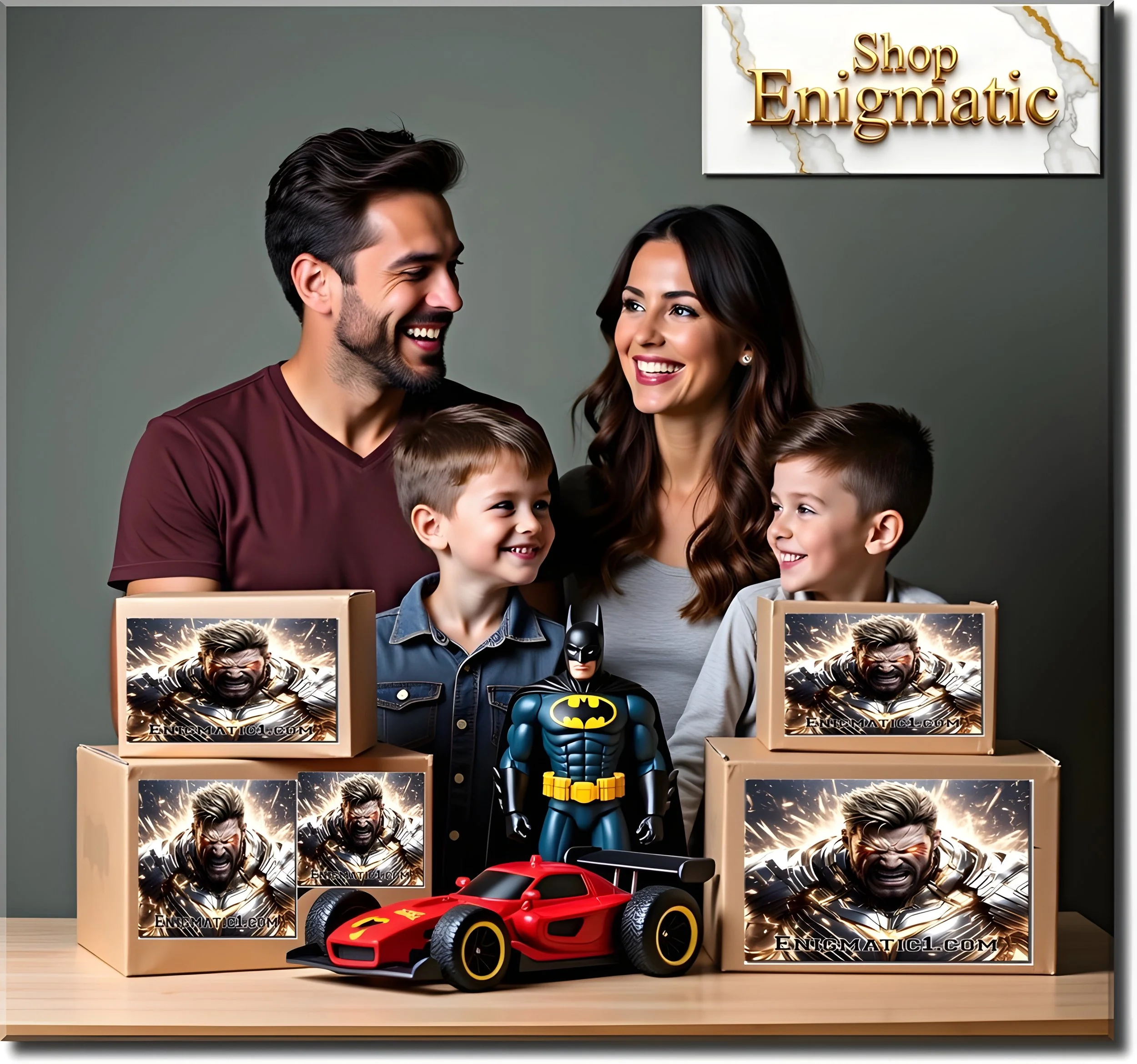 A smiling family of four with two young boys and their parents standing behind a table with Batman and Lightning McQueen toys and boxes, with a sign reading "Shop Enigmatic" in the background.