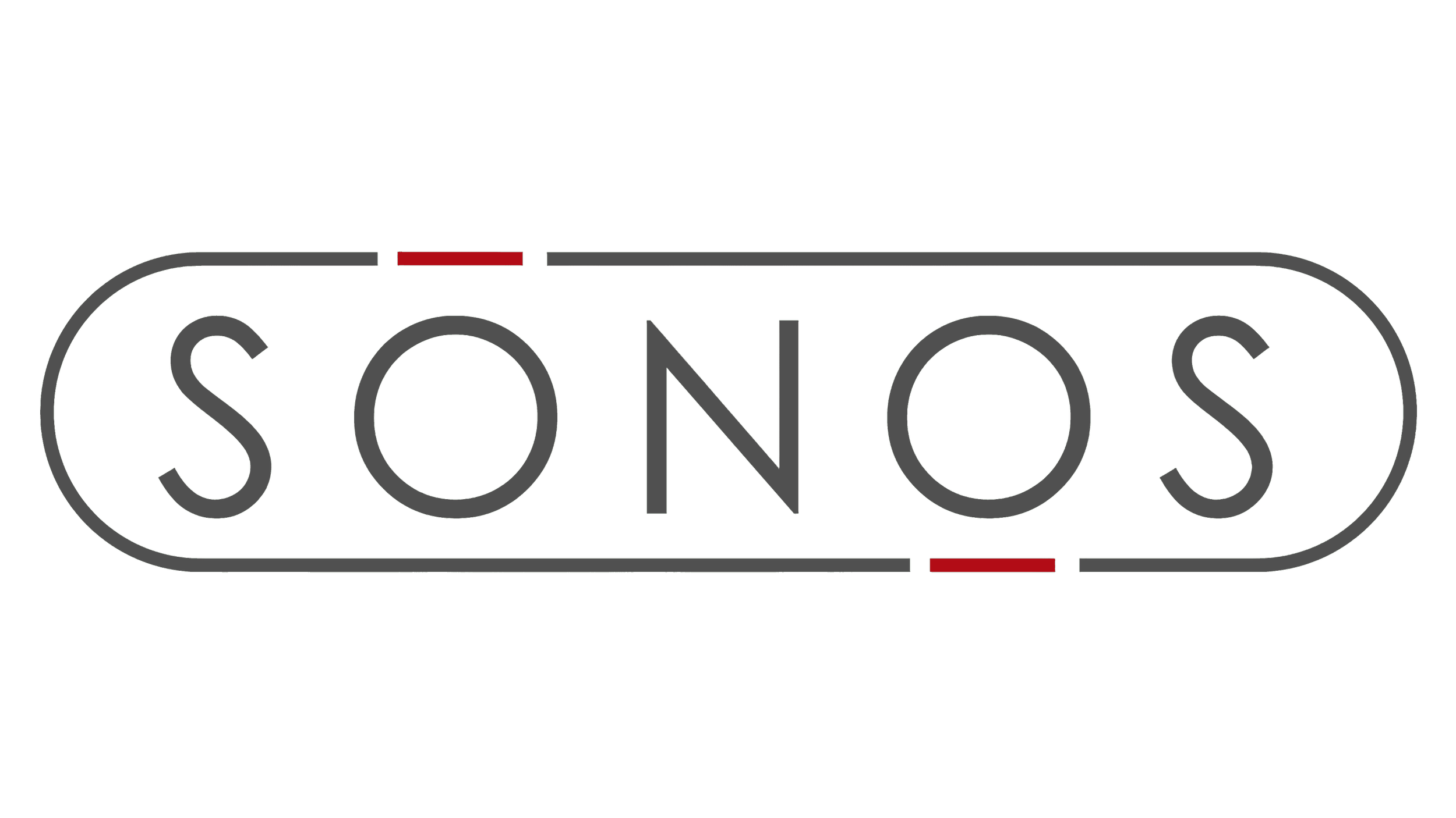 Sonos logo with black background, gray text, and red accents above and below the text.