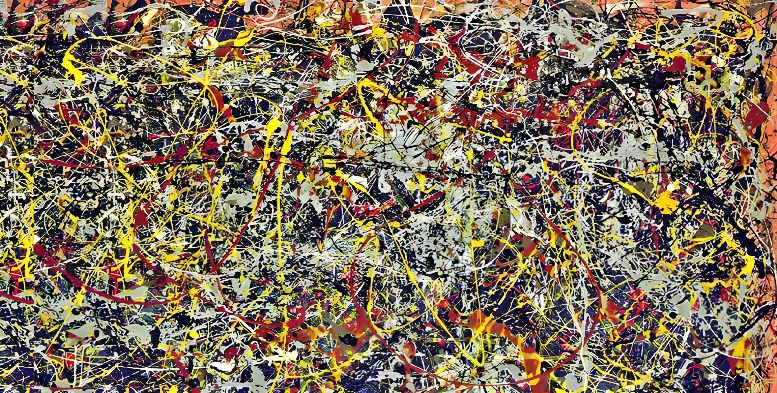 Abstract colorful paint splatter and drip pattern with yellow, red, black, and white on a dark background.