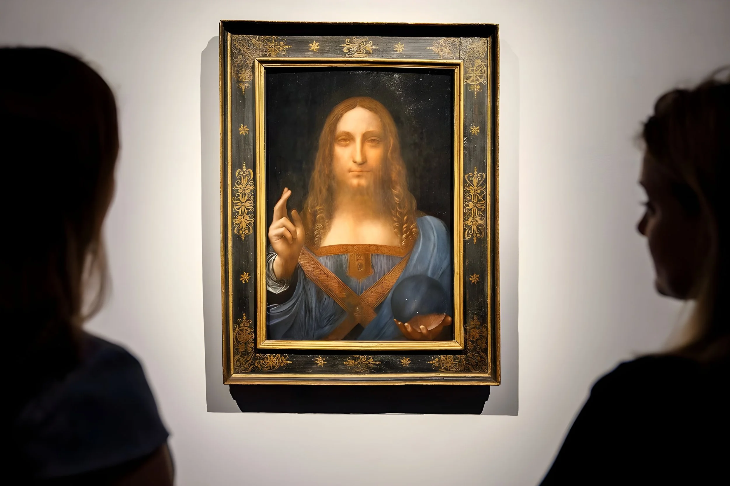 Two women look at a framed painting of a woman with long hair, wearing a blue garment, holding a globe in one hand, and making a gesture with the other hand inside an art gallery.