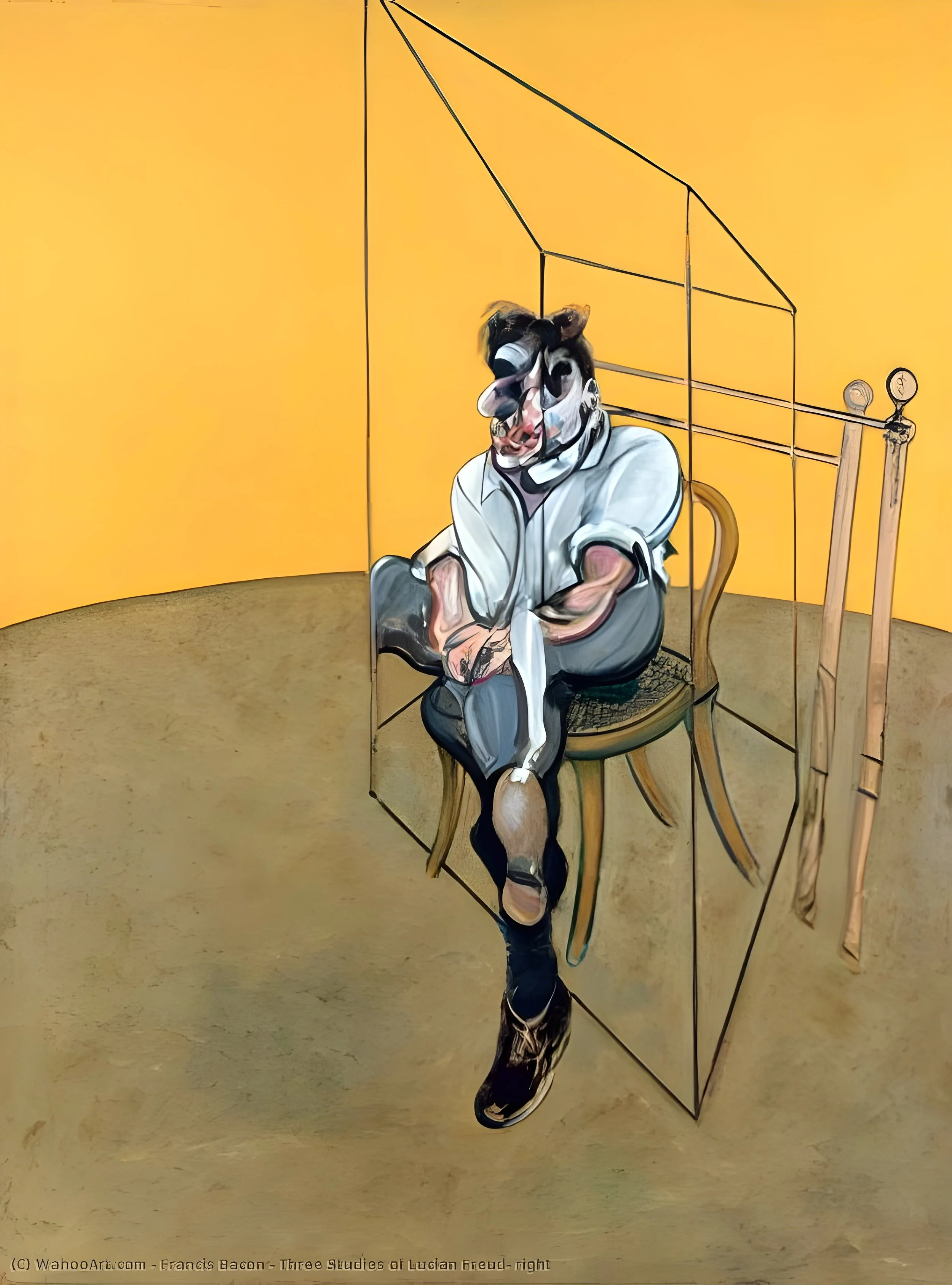 A surreal digital painting of a person with an animal-like face, sitting on a chair in a room with yellow-orange walls. The scene has abstract lines creating a cube-like structure around the person.