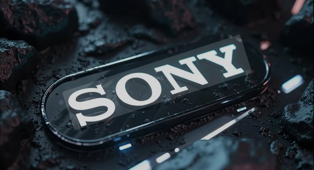 A close-up of a black automotive headlight with water droplets, placed on dark rocks, with a bright white "SONY" logo displayed on it.