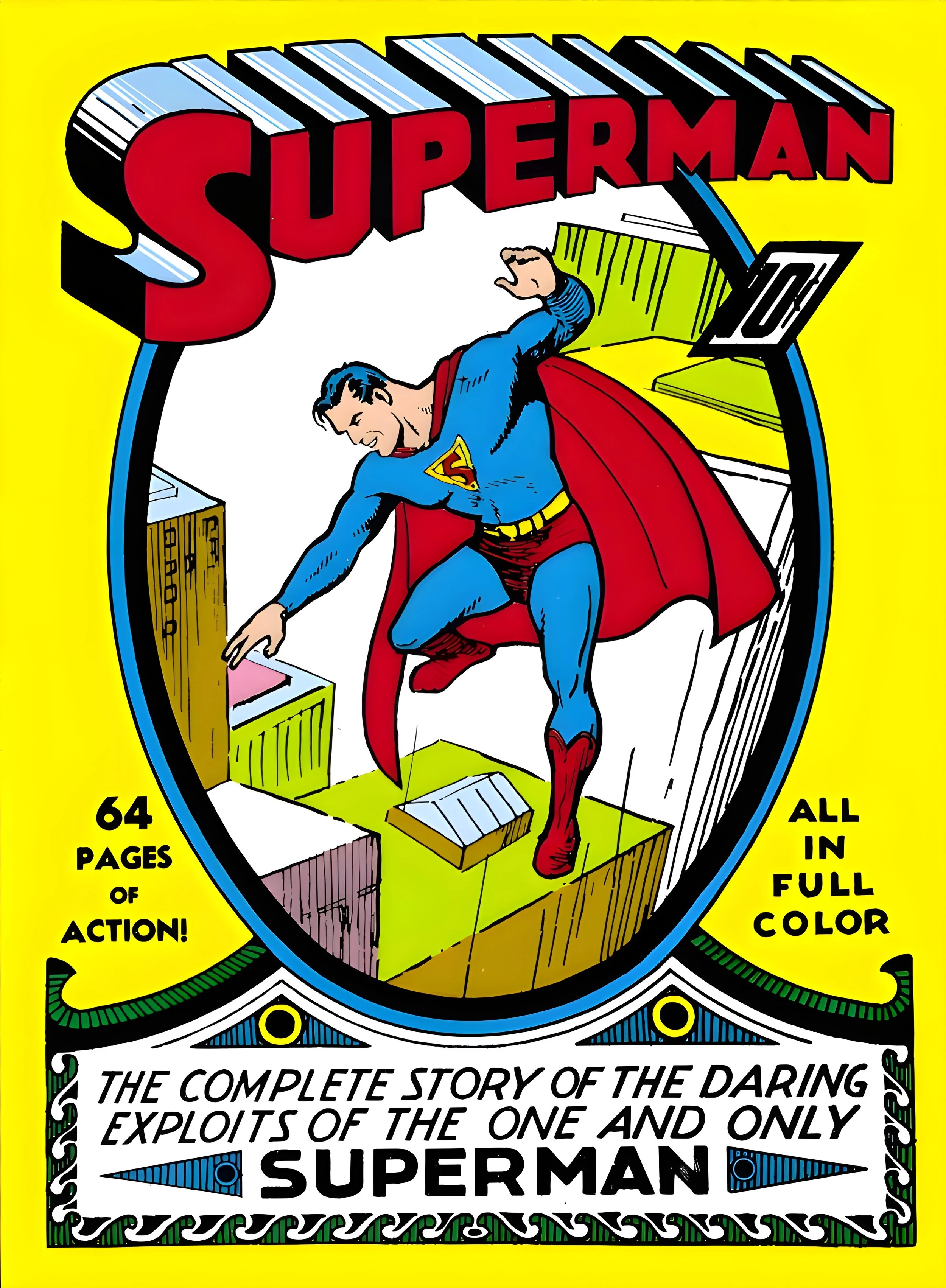 Vintage comic book cover featuring Superman in a red cape and blue suit with a yellow emblem. He is shown breaking open a large box and flying through a colorful, stylized scene with text indicating '64 pages of action' and 'all in full color.'