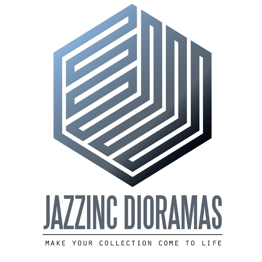A modern geometric logo with three-dimensional lines forming a hexagon, accompanied by the text 'JAZZINC DIORAMAS' and the tagline 'Make your collection come to life'.