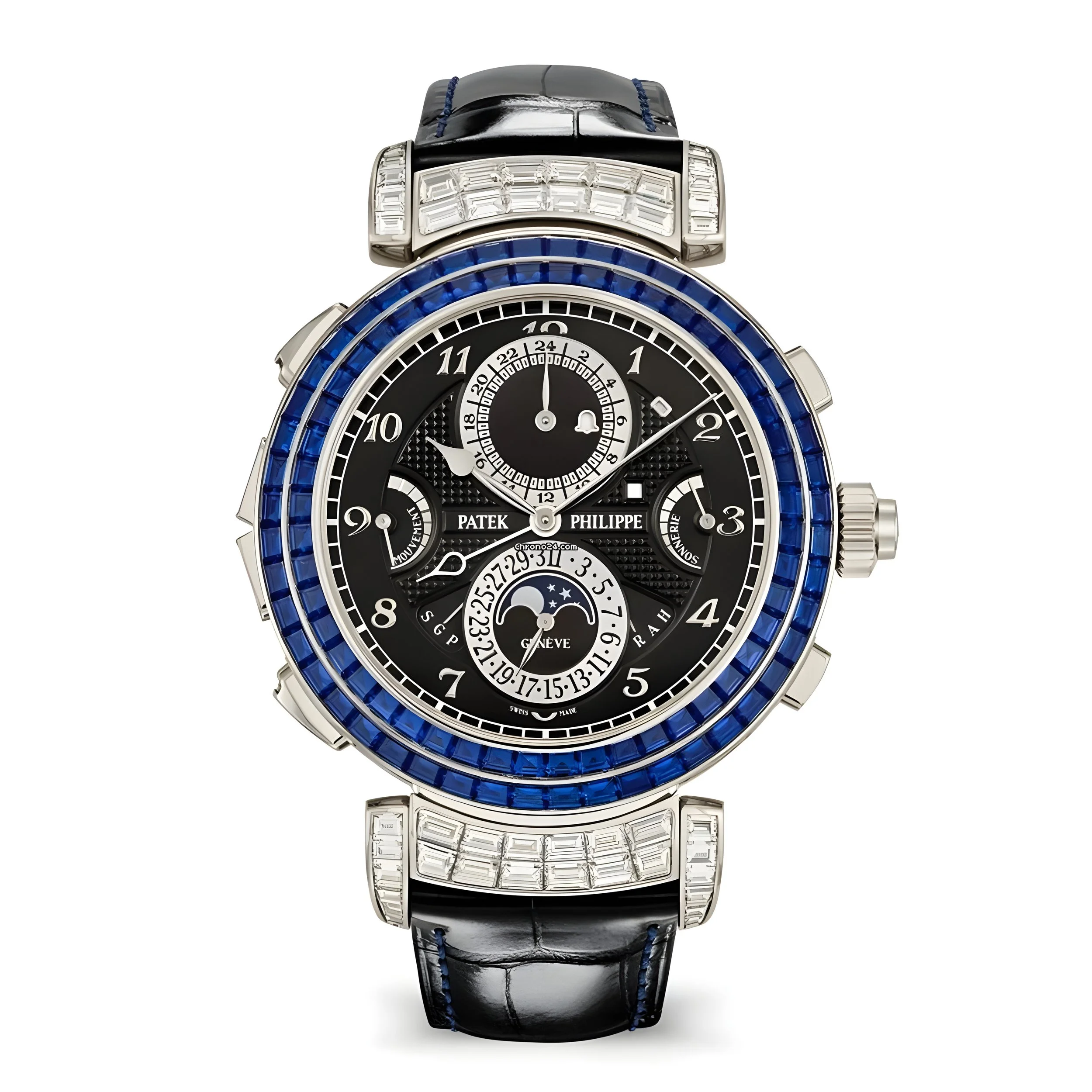 Luxury wristwatch with a black dial, diamond accents on the band and bezel, and multiple subdials, including a moon phase display at 6 o'clock.