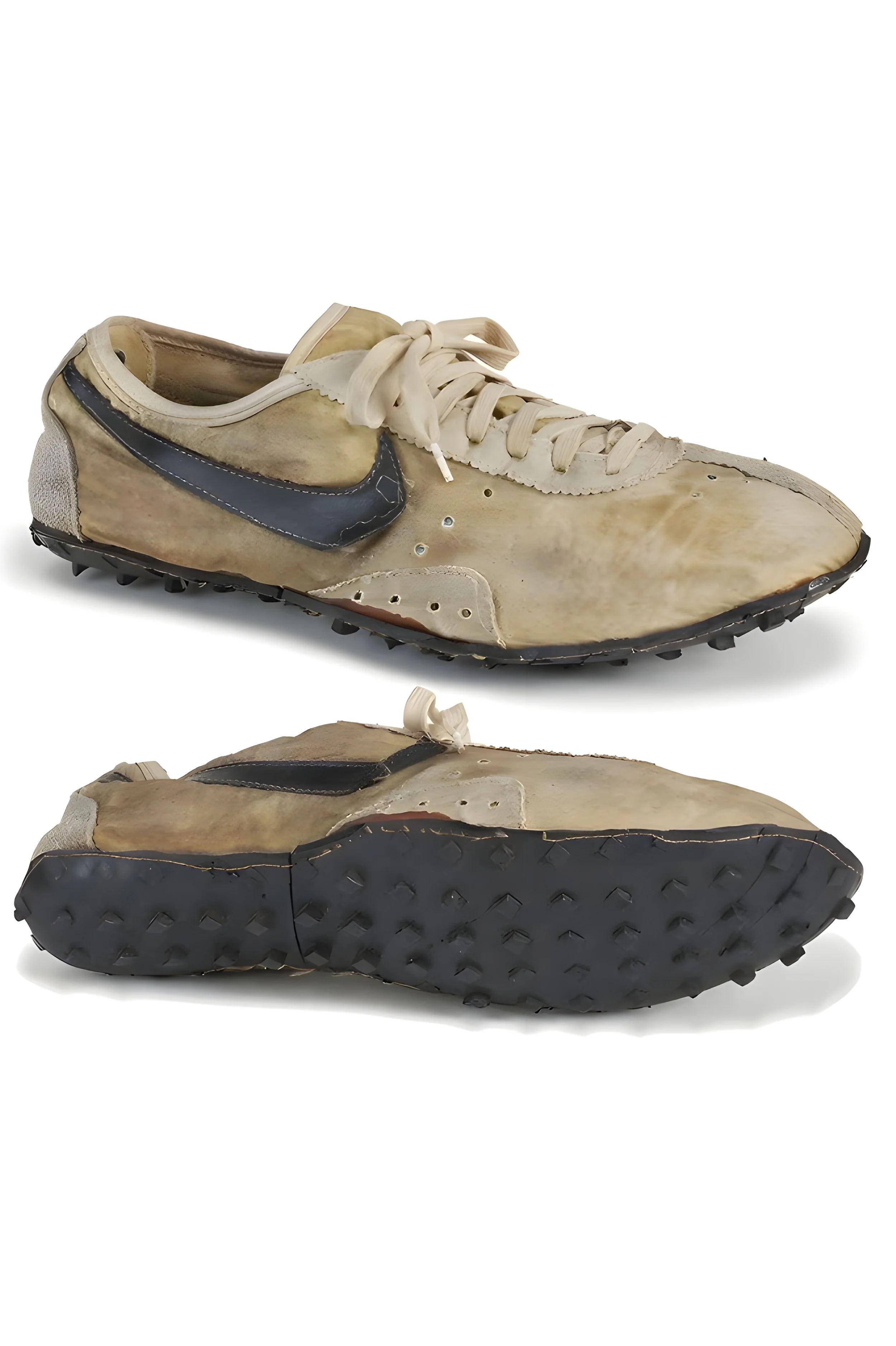 A pair of old and worn Nike running shoes with dirty, discolored uppers, laces, and soles displayed from side and bottom views.