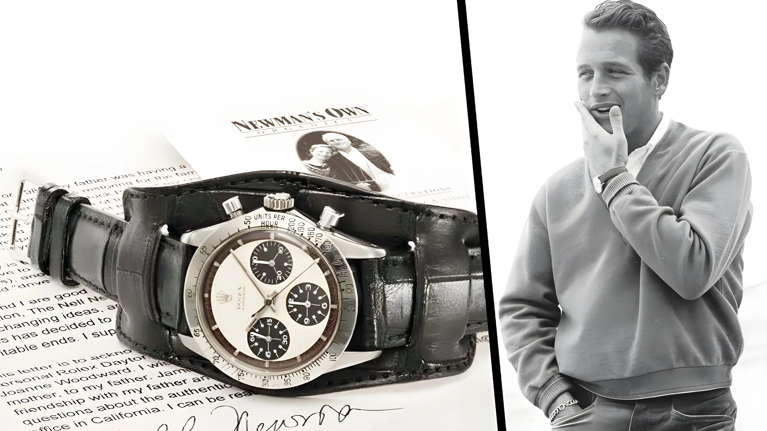 A men's chronograph wristwatch with a black leather strap and a white dial, placed on a newspaper; on the right, a black-and-white photo of a man with light-colored hair, wearing a jacket and a watch, thinking with his hand on his chin.