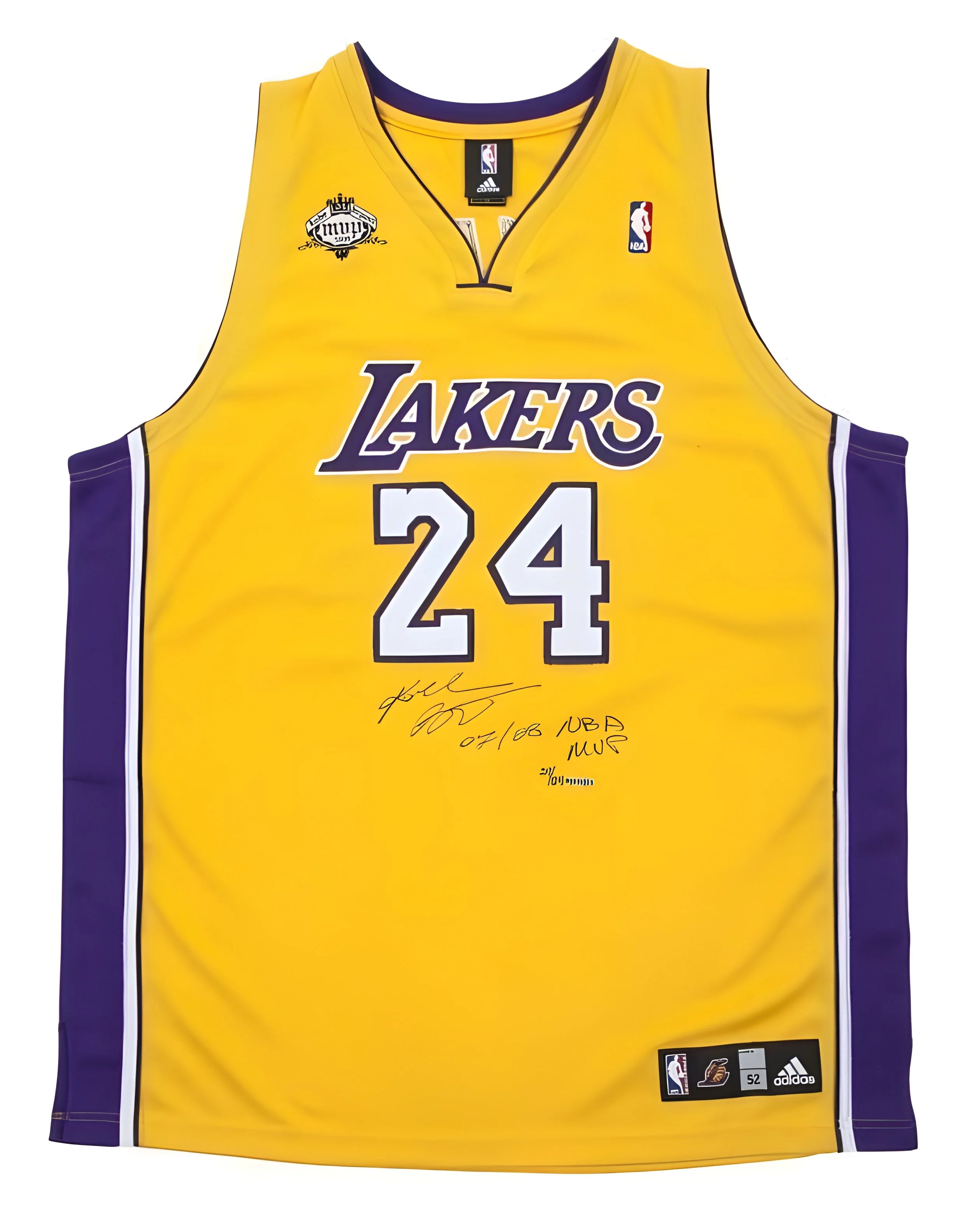 Yellow Los Angeles Lakers basketball jersey with purple accents, the number 24, and signature writing.
