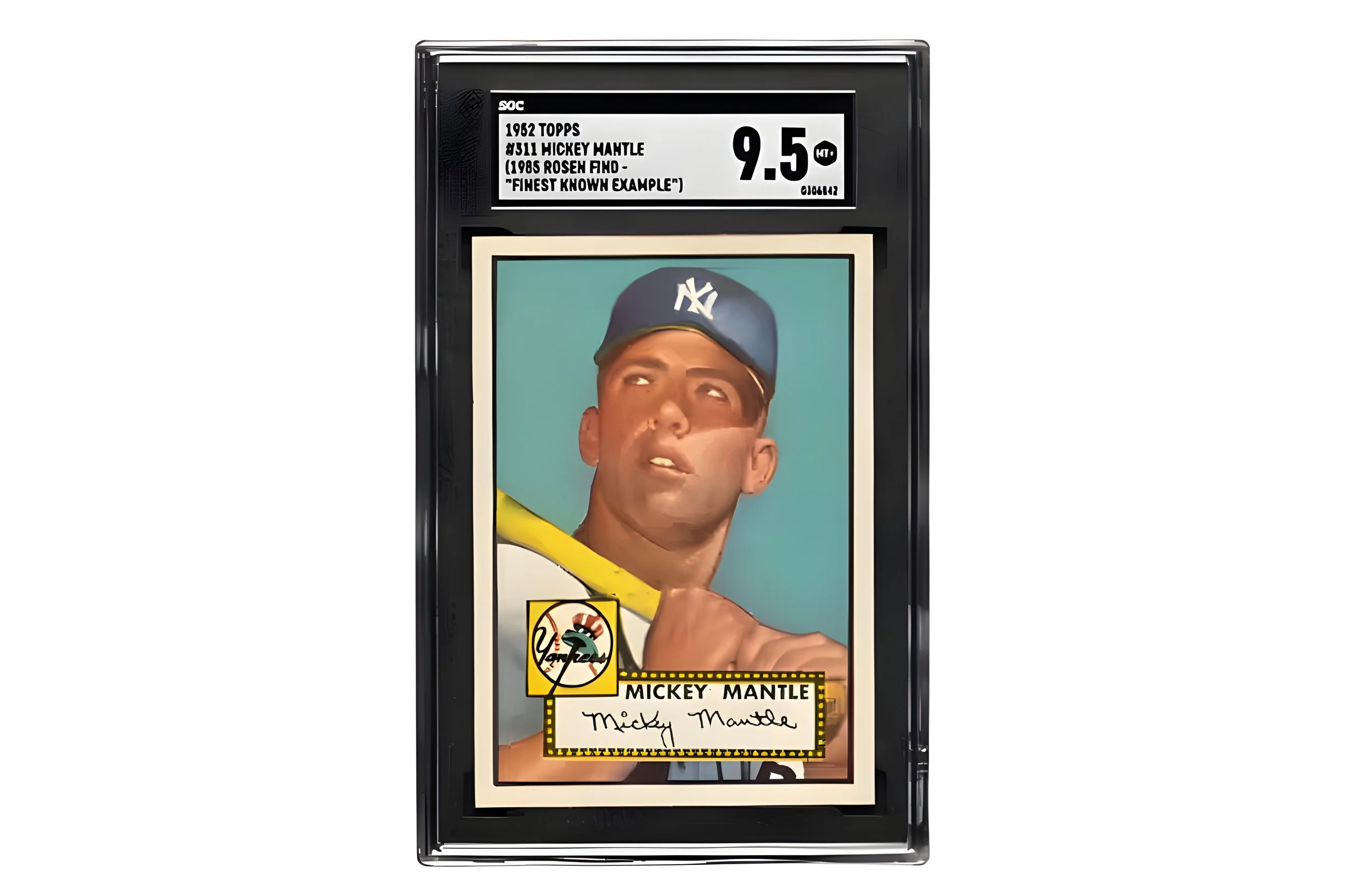 A vending machine features a vintage Mickey Mantle baseball card with a photograph of Mickey Mantle, wearing a New York Yankees hat, holding a baseball bat. The display at the top shows a sale price of 9.5 million dollars for the card.