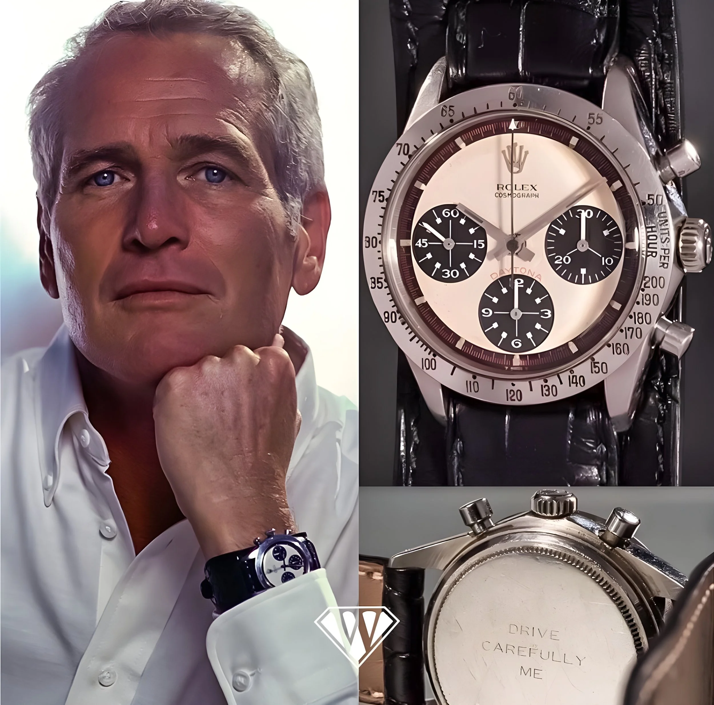 A man wearing a white shirt with a wristwatch, looking thoughtful, with a close-up of a Rolex watch and a watch back featuring the inscription 'Drive Carefully Me'.