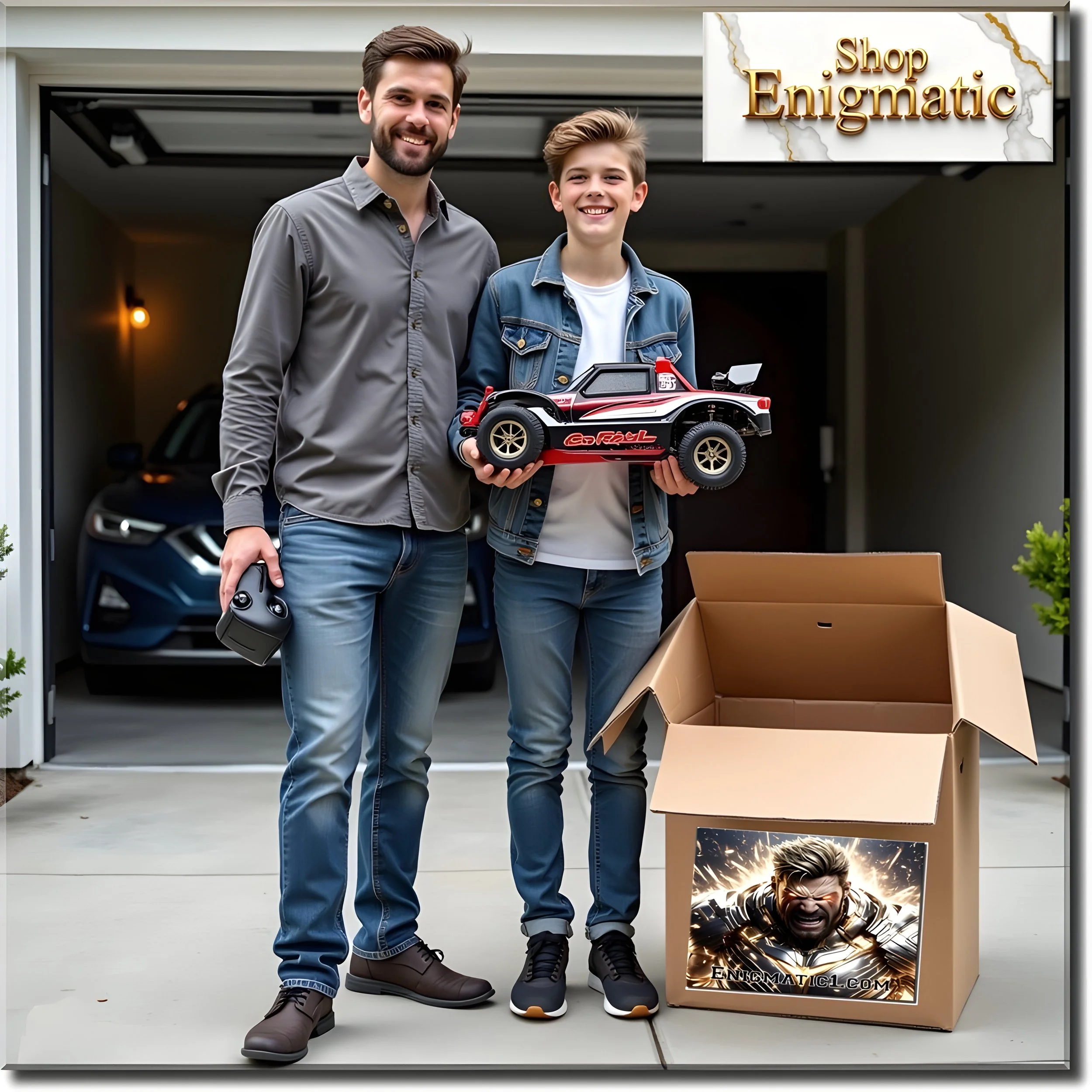 Two smiling males standing outside a garage, one holding a remote control car and the other a box. There is an open cardboard box with a superhero-themed sticker in front of them. A sign reads "Shop Enigmatic" and a car is parked inside the garage.