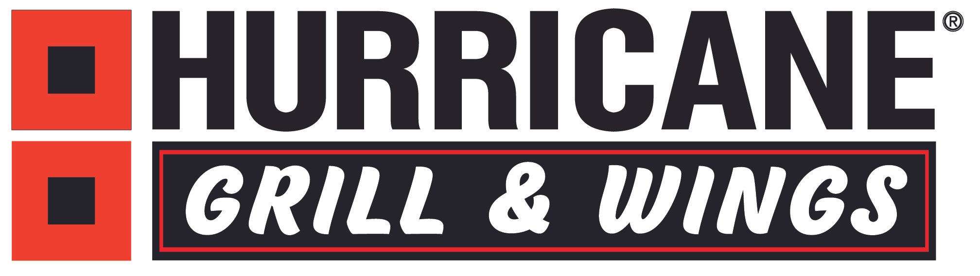 Logo for Hurricane Grill & Wings featuring bold black text and red and black accents.