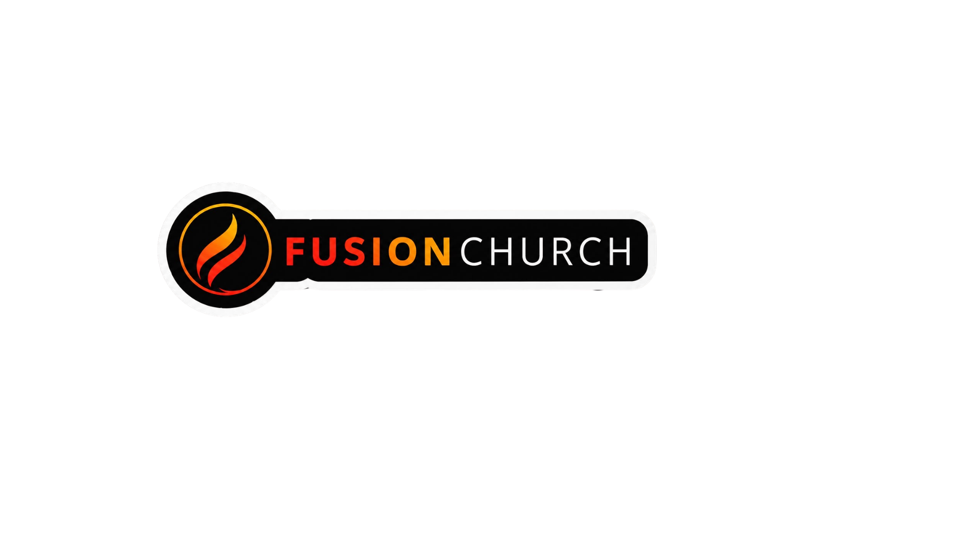 Logo of Fusion Church with a black background, a circular emblem with a flame icon, and the church name in red, orange, and white text.