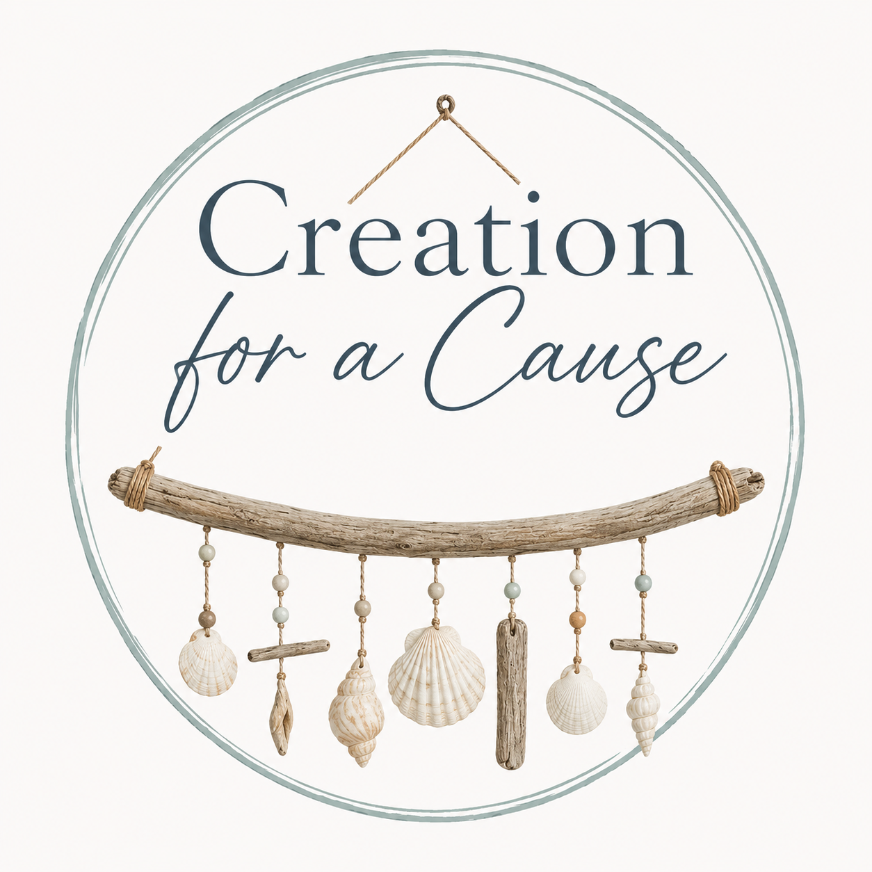 Decorative sign with the phrase "Creation for a Cause" inside a circle, featuring driftwood and hanging seashells.