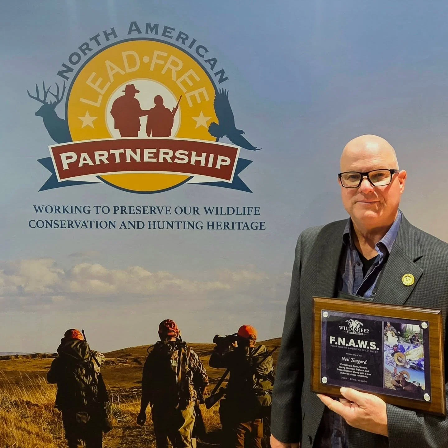 First day of @wildsheepfoundation sheep show, our own Neil Thagard was honored for taking the Four North American Wild Sheep (FNAWS) with a bow. He accepted the honor between sharing best management practices for interrupting the pathway for unintend