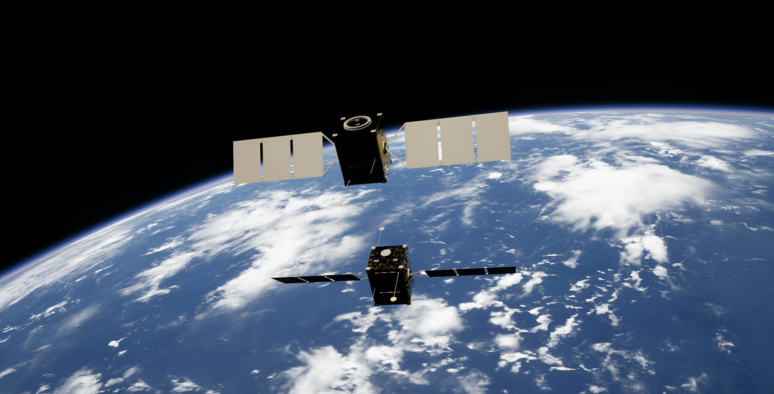 A satellite orbiting Earth with the planet's atmosphere, clouds, and land visible from space.