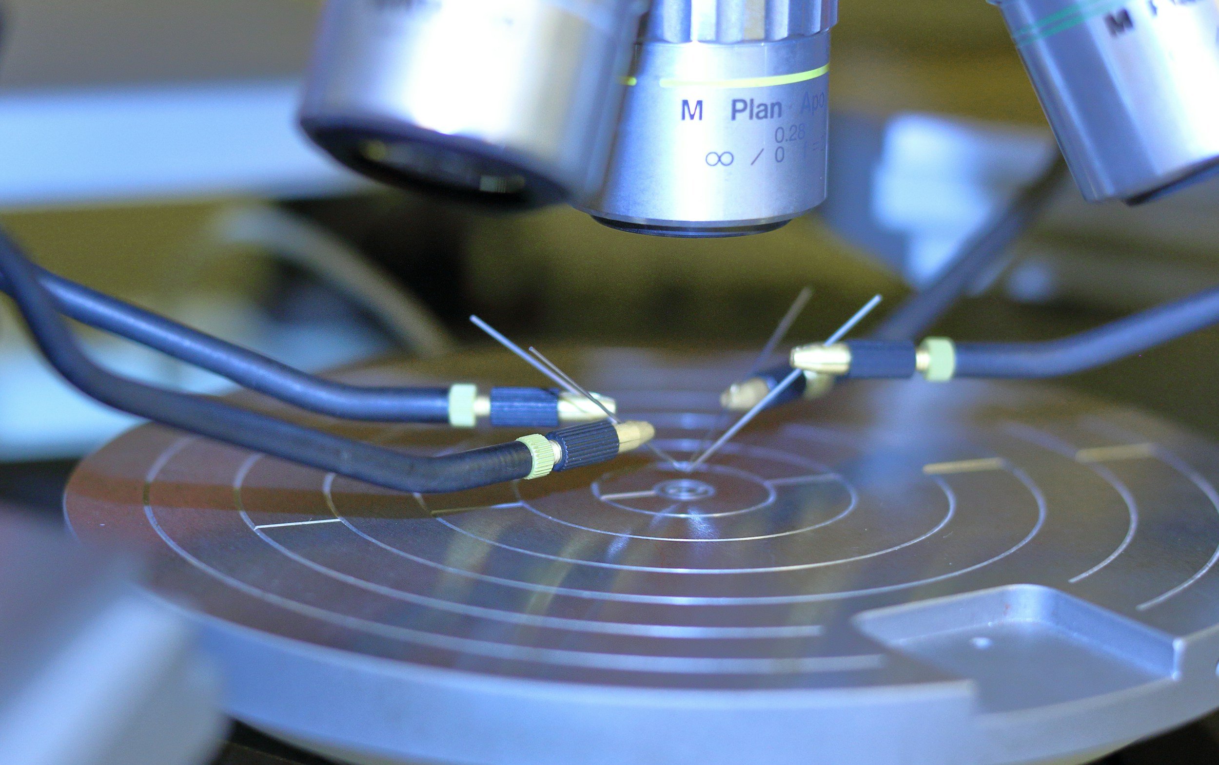Close-up of a microscope slide with small labeled wires or probes, positioned under a scientific microscope with an illuminated circular stage.