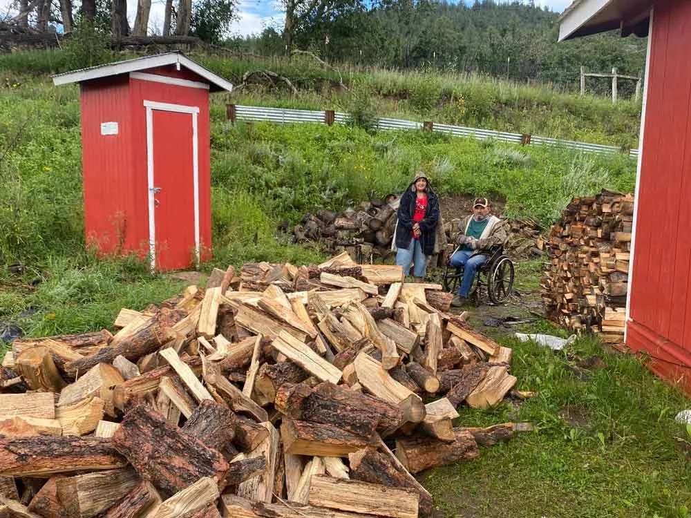 Two people, one in a wheelchair, sitting near stacked firewood in a green outdoor area with a red shed and another small red structure.