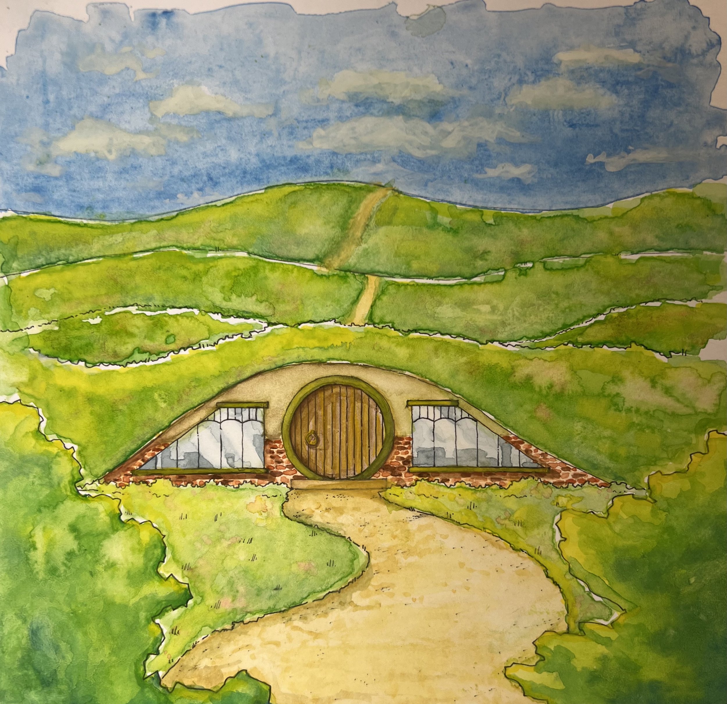 Home
-A watercolor inspired by Hobbit homes from "The Lord of the Rings" movies focused on bright coloring