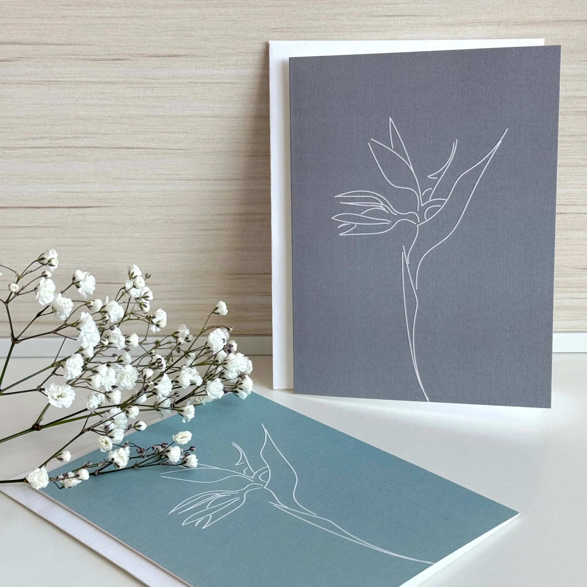 Minimalist Line Art Note Cards_Bird of Paradise_rustic grey and sky blue.jpg