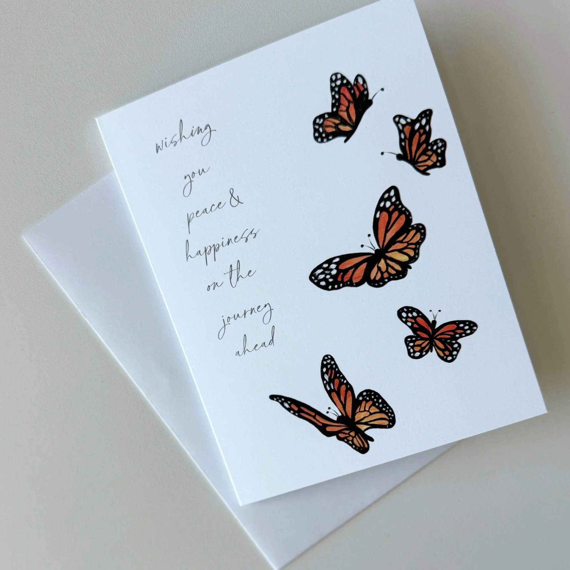 "Wishing You Peace & Happiness on the Journey Ahead." | Monarch Migration Blank Folded Cards