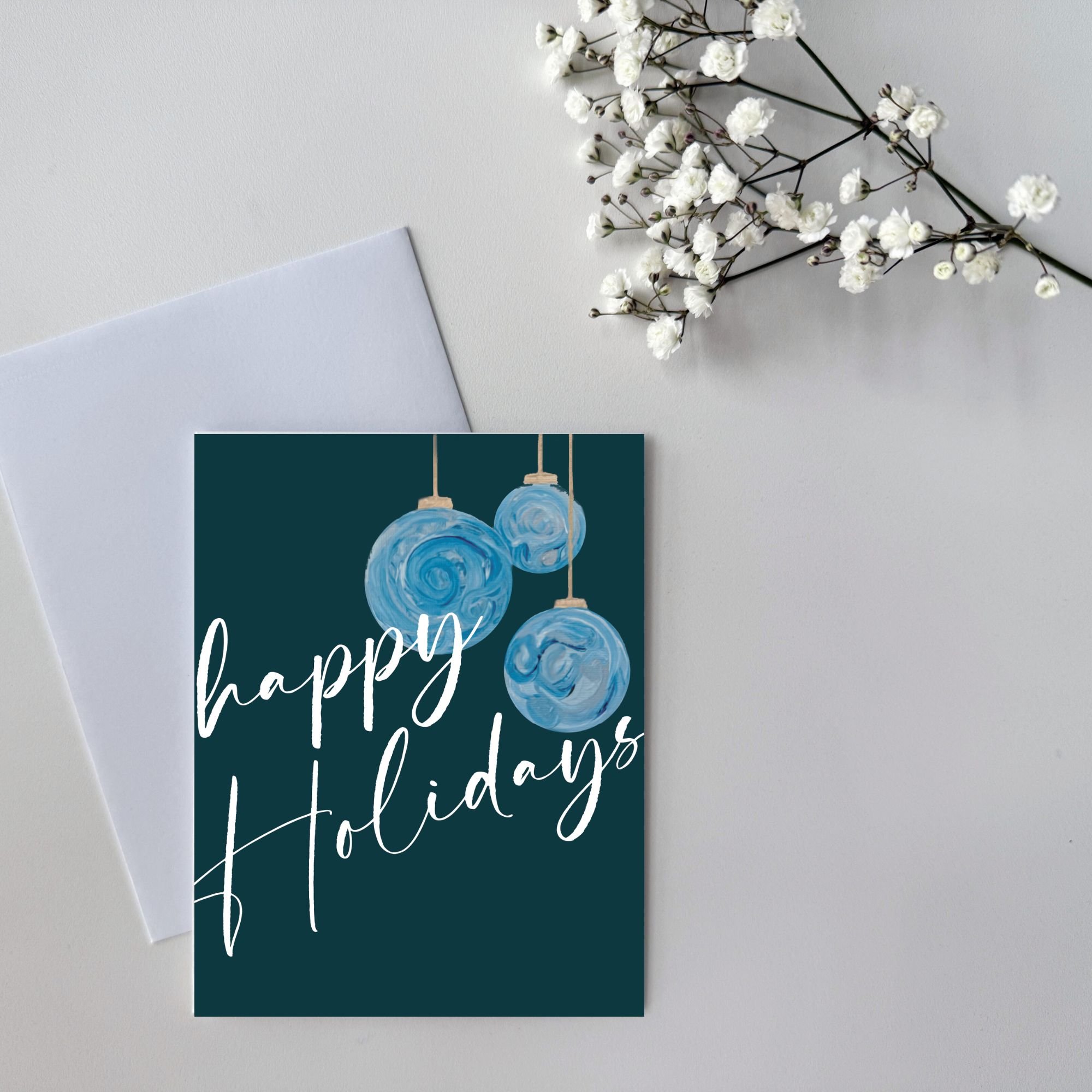 Holiday Blue & Gold Ornaments | 'Happy Holidays'  |  Blank Folded Cards