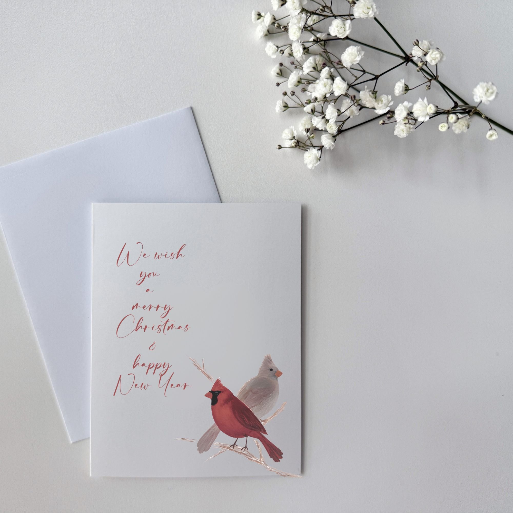 Cardinal Pair Christmas Blessings | 'Merry Christmas & Happy New Year'  |  A2 Blank Folded Cards