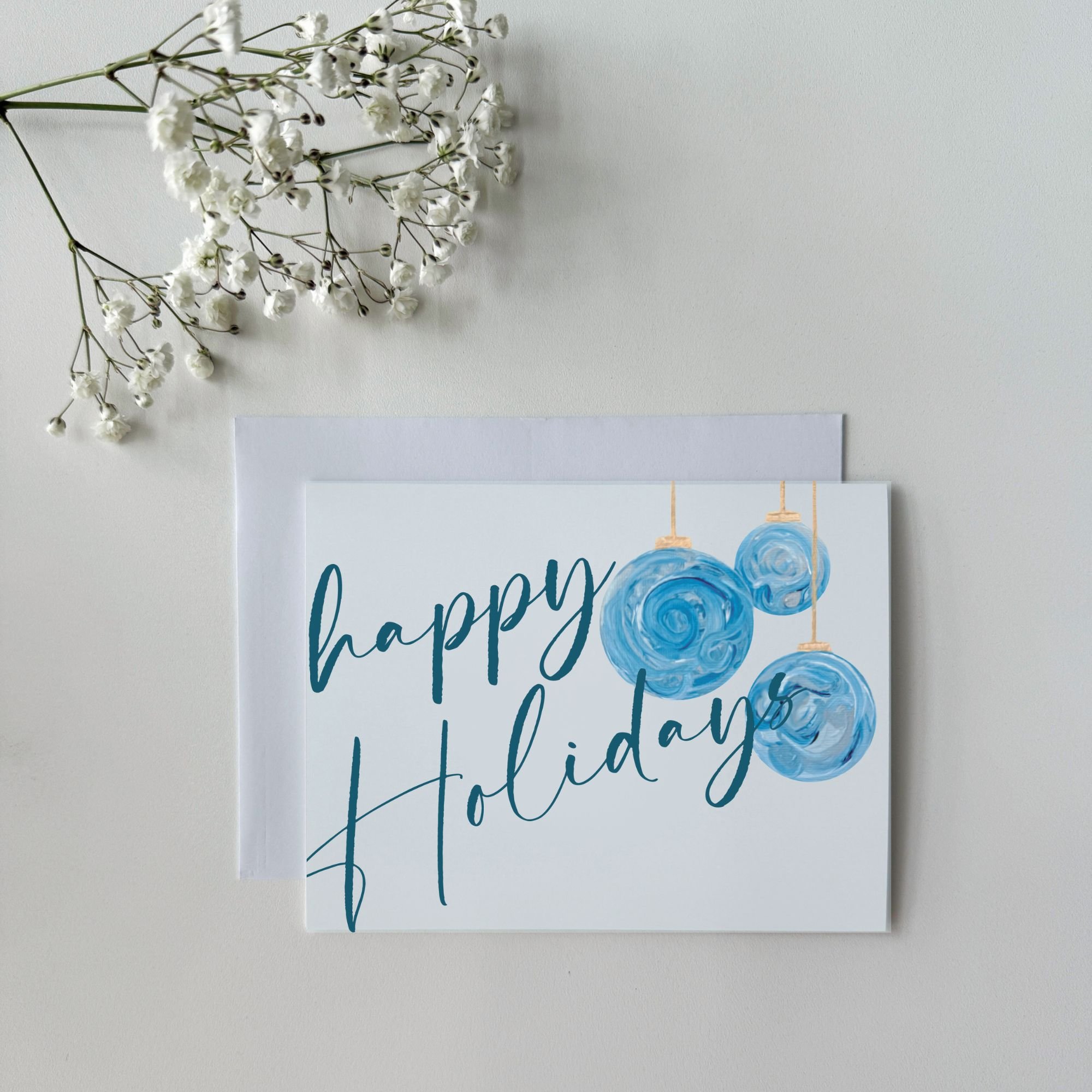Blue & Gold Ornaments  |  'Happy Holidays'  |  A2 Blank Folded Notecards